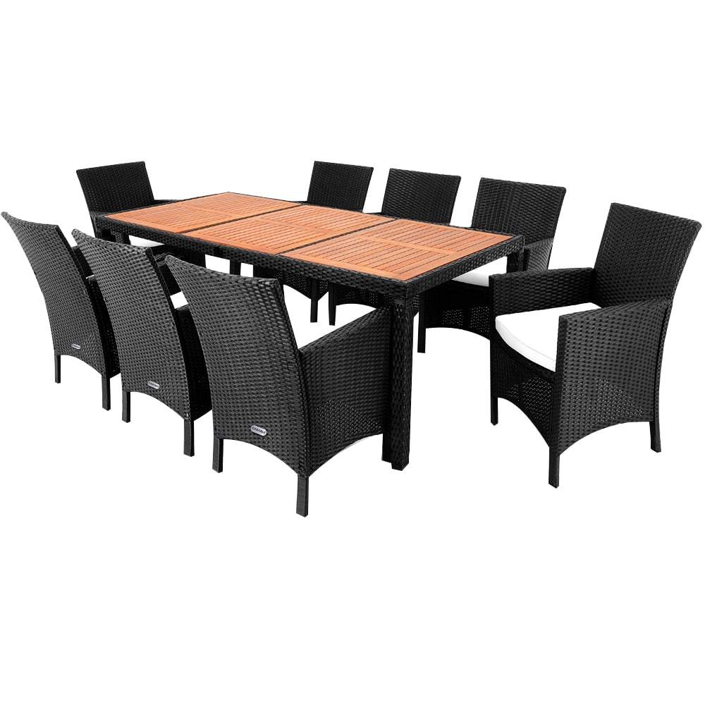 Casaria® Garden Furniture Set 8 Chairs . 7cm Pads Extra Wide With Table 190x90cm Outdoor Terrace Furniture Weatherproof Poly Rattan Acacia Wood Dining Set Garden Balcony Lounge