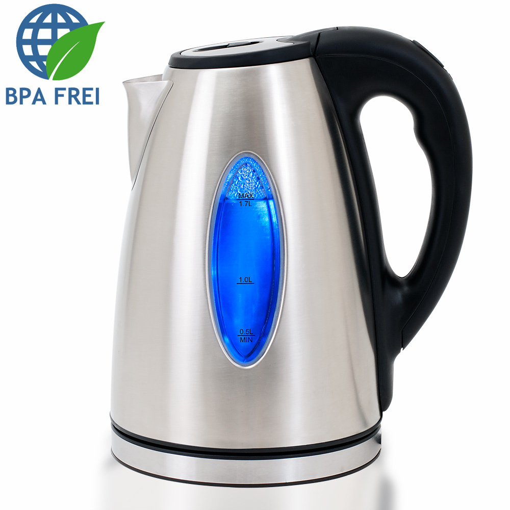 E-shop Wasserkocher Edelstahl 1,7 L LED Glas BPA- 2200W Kabellos Kalkfilter Überhitzungsschutz Küche Teekocher Silber