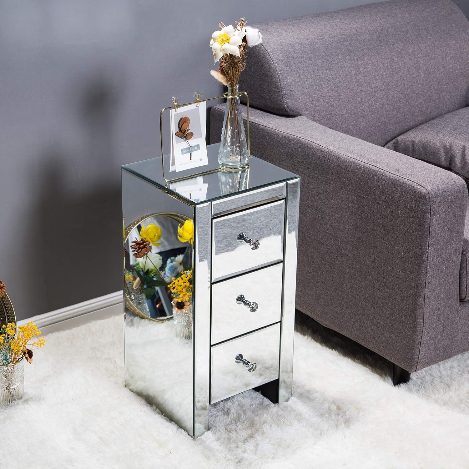 Image of Bonnlo High-quality Slim Nightstand With 3 Drawers, Bedside Cabinet, Modern Glass Side Table, Small Dresser, Mirrored, 30x30x60cm, Ideal For Bedroom & Living Room