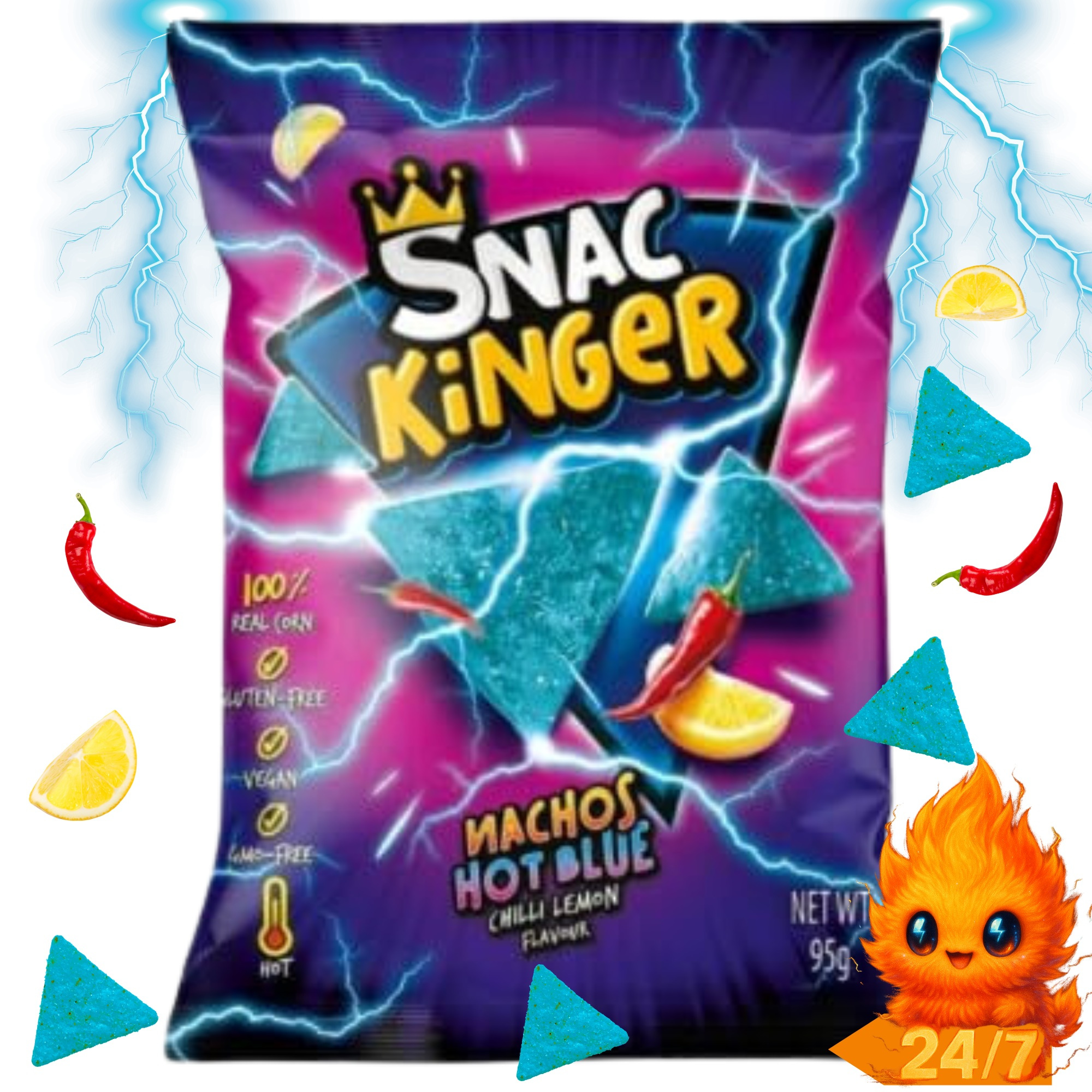 Snackinger - Nachos Hot Blue - Chili Lemon Flavor - Delicious Spicy Corn Chips