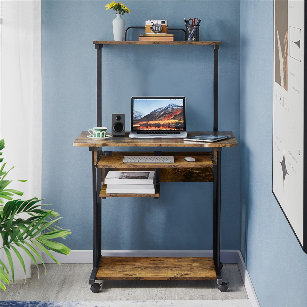 TEMU Costoffs Bureau Informatique Mobile Vintage - Structure 3 Niveaux en Bois avec Plateau pour & Étagères de Rangement - Roulettes