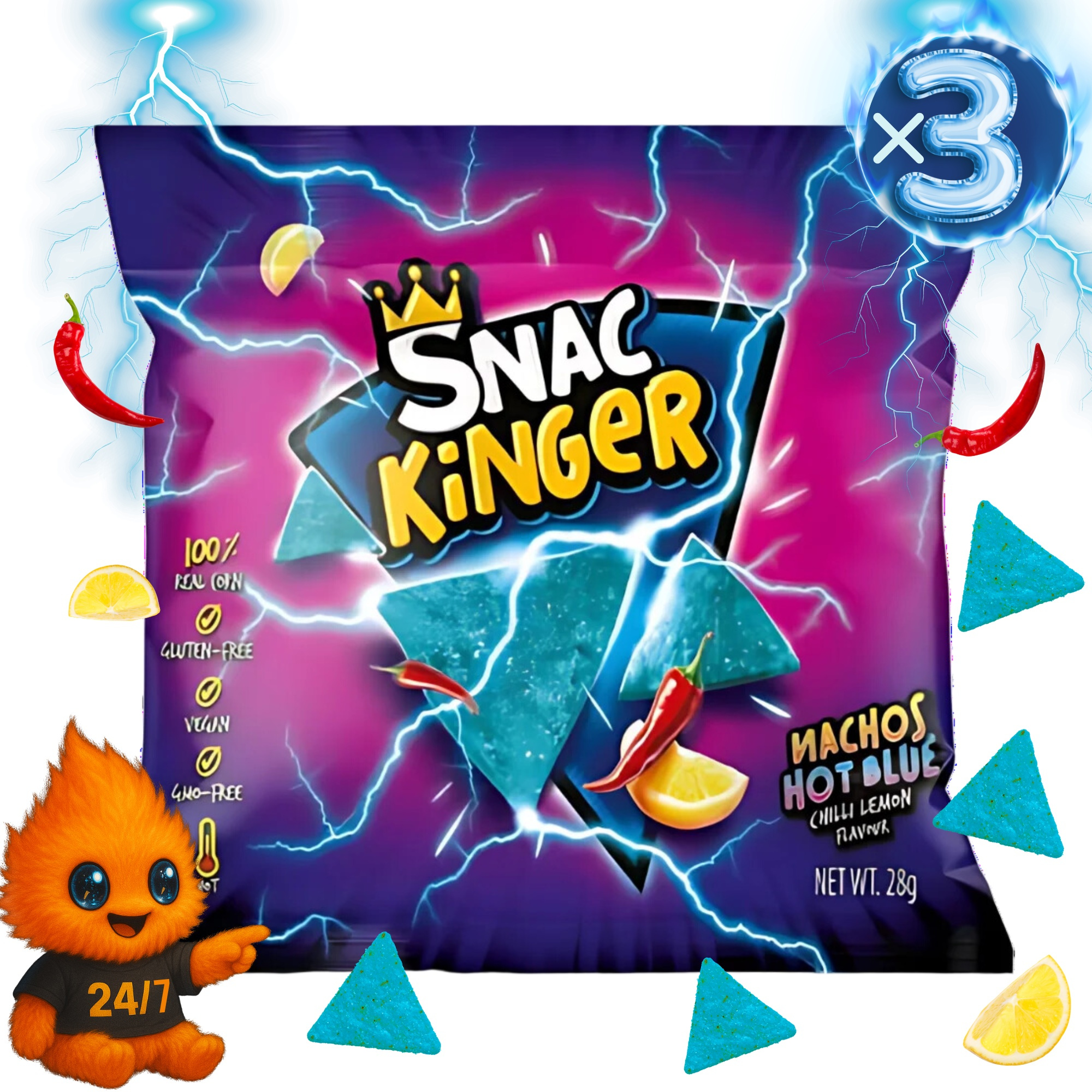 E-shop SNACKINGER - Nachos Hot Blue - Chili Lemon Geschmack - leckere scharfe Mais Chips Mini Tüte