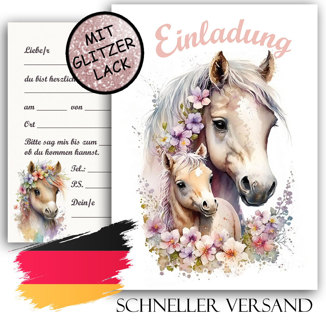 E-shop 10x Pferde Glitzer Kinder Einladungskarten Einladung Kindergeburtstag Mädchen Regenbogen Pastell Pferd Geburtstag Sterne Rosa 10x15 cm Party 1 2