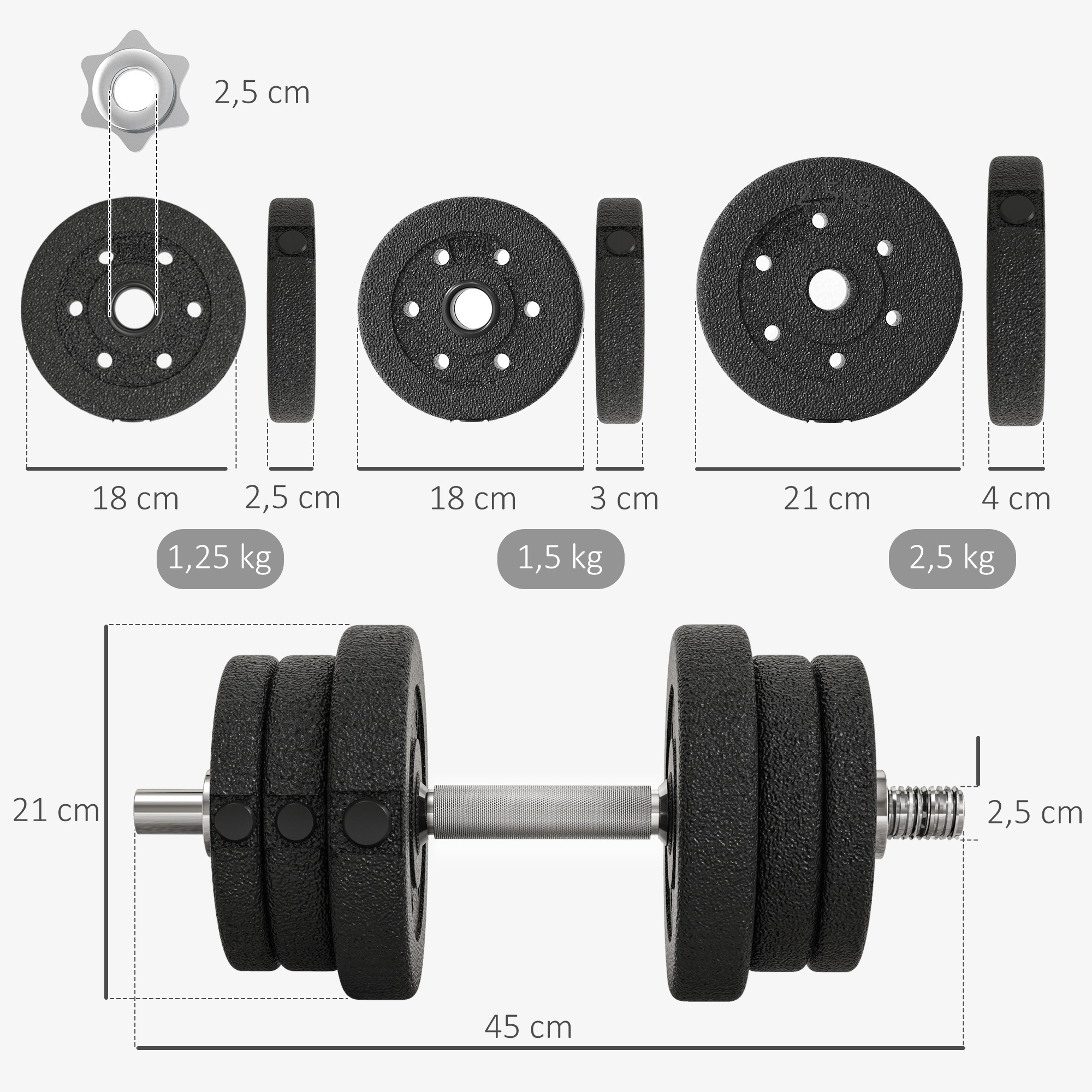 HOMCOM Korte Dumbbell Set Totaal 25 Kg - Dumbbell Pairs - Verstelbaar Gewicht - Stangen Inbegrepen - Spiertraining & Gewichtheffen - Zwart Polyurethaan Staal