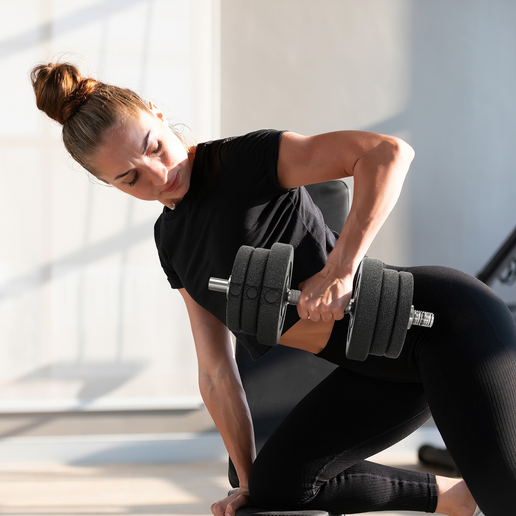 HOMCOM Korte Dumbbell Set Totaal 25 Kg - Dumbbell Pairs - Verstelbaar Gewicht - Stangen Inbegrepen - Spiertraining & Gewichtheffen - Zwart Polyurethaan Staal