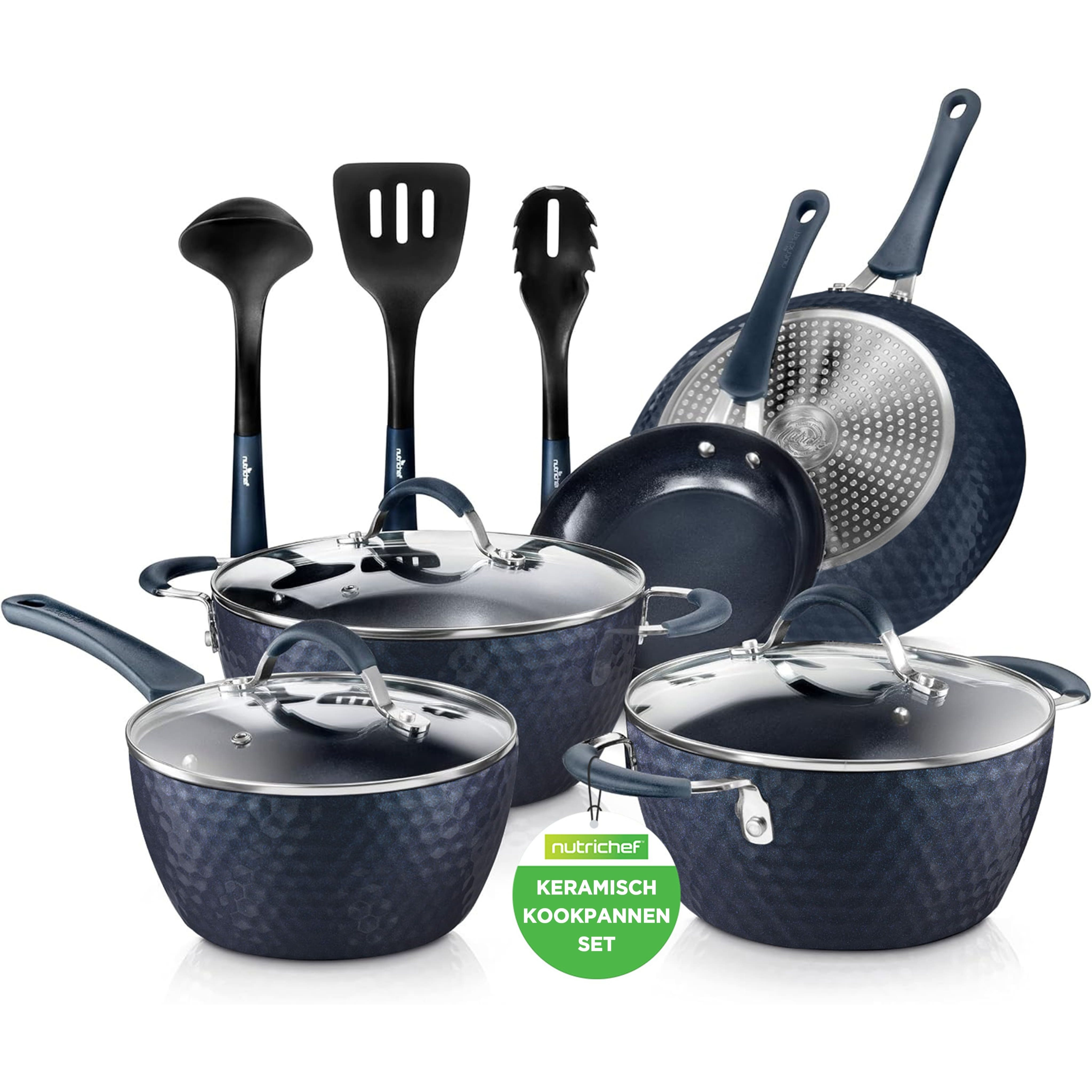 TEMU Nutrichef, 11-piece Induction Ceramic Cookware Set - Excilon Pots, Pans, Lids, Kitchenware, -free, Blue