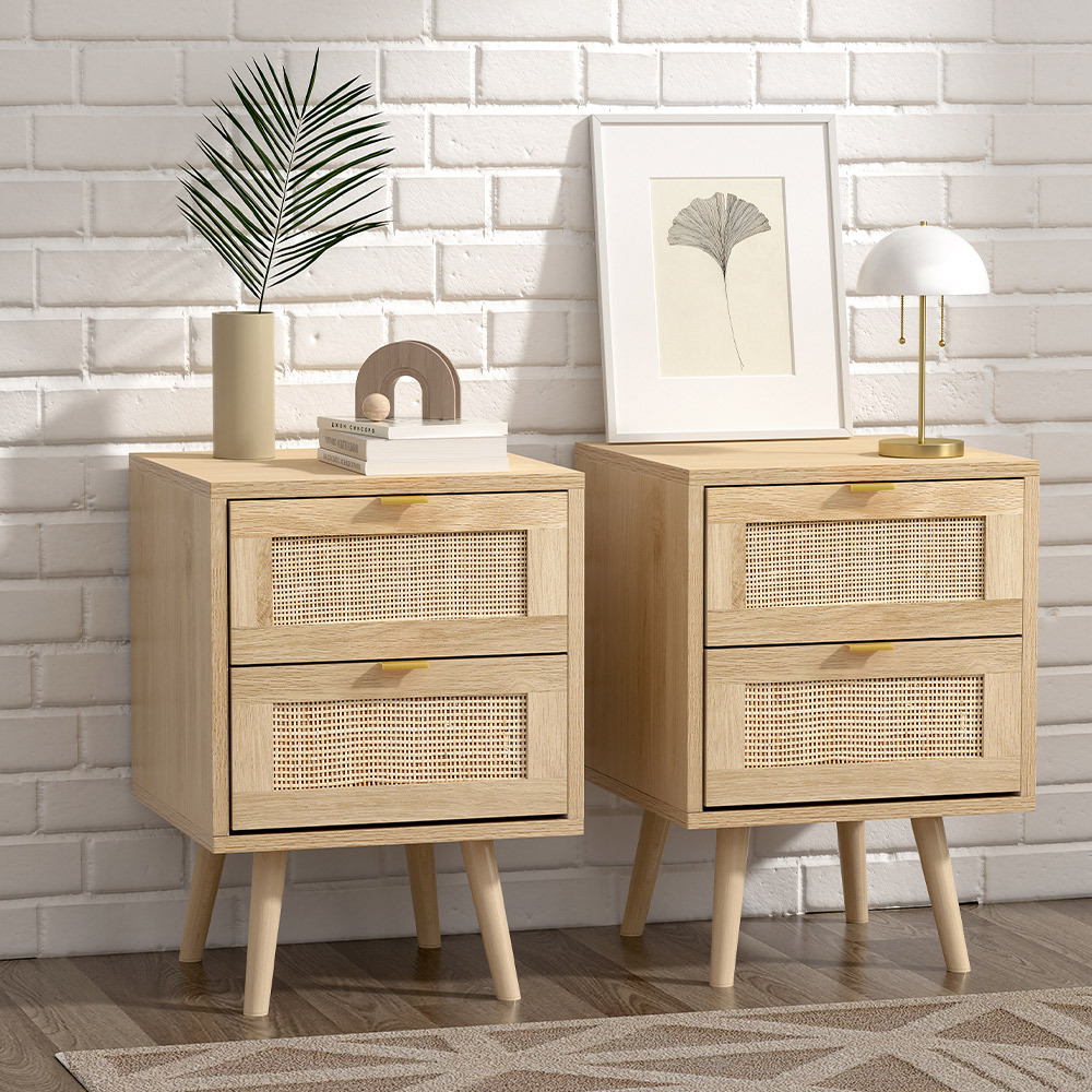 TEMU 2pcs Bedside Table, Side Table With 2 Hand Made Rattan Decorated Drawers, Bedside Tables Set Of 2, Wood Nigntstand, End Table With Storage For