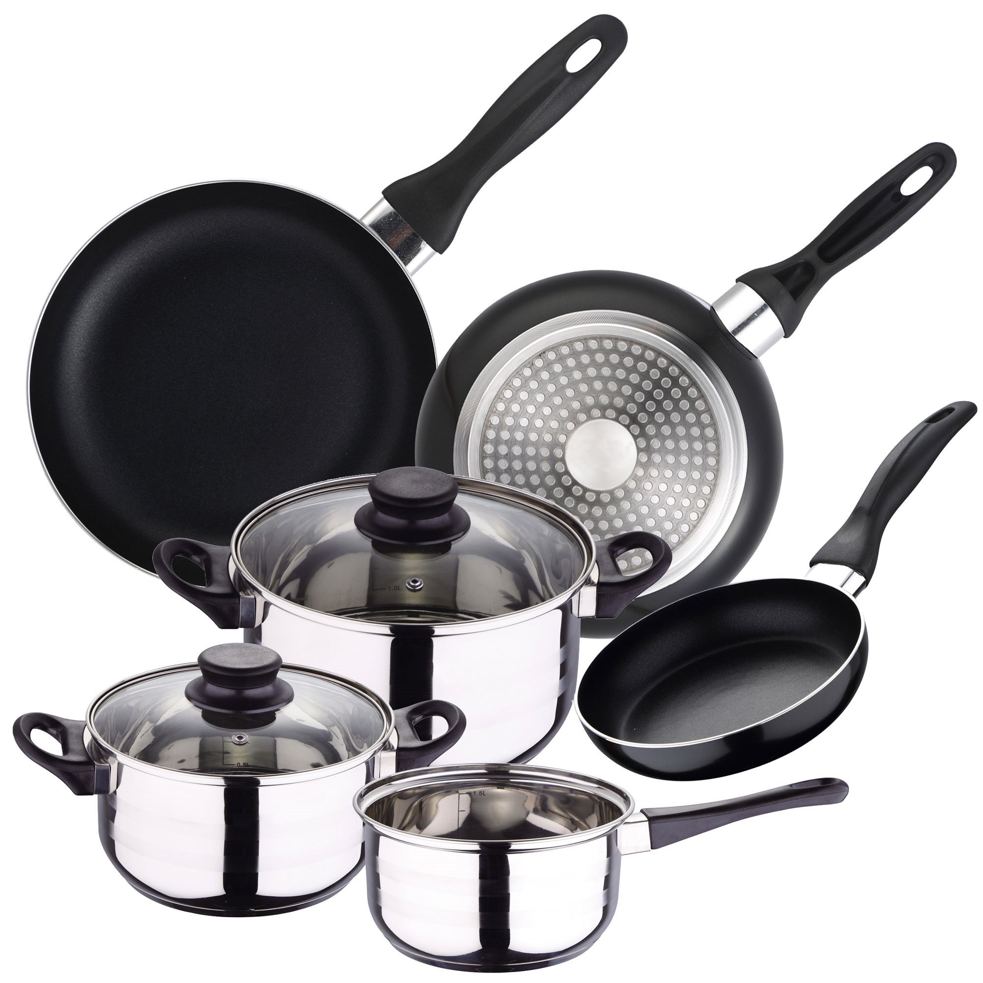 Image of 5-piece Stainless Steel Kitchen Utensil Set + 3-piece Pressed Aluminum Pan Set (ø16, Ø20, Ø24)