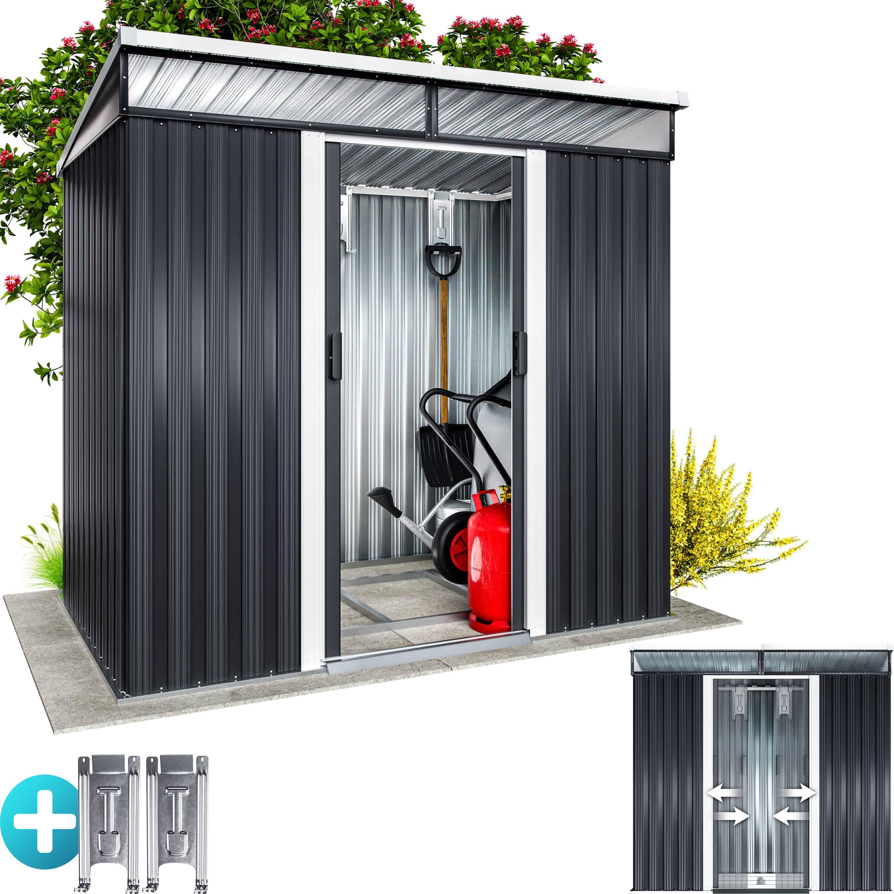 TEMU GARDEBRUK® L Cobertizo de Herramientas de Metal 2M² con Base 200X125X180Cm 2 Ventanas Cobertizo de Jardín Antracita 4M³
