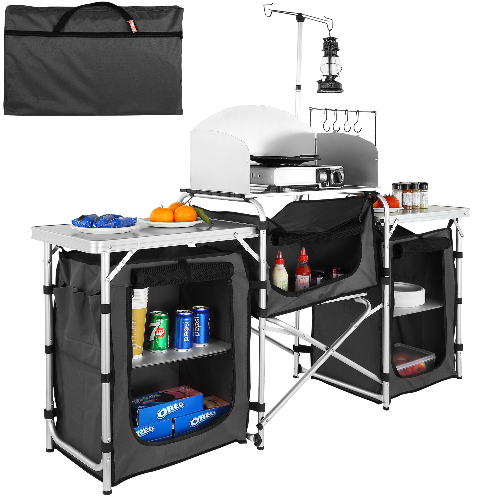 Image of Vevor Camping Kitchen Table, Folding Outdoor Cooking Table With Storage Carrying Bag, Aluminum 3 Cupboard & Detachable Windscreen, -up For Picnics, Bbq, Rv Traveling, Black