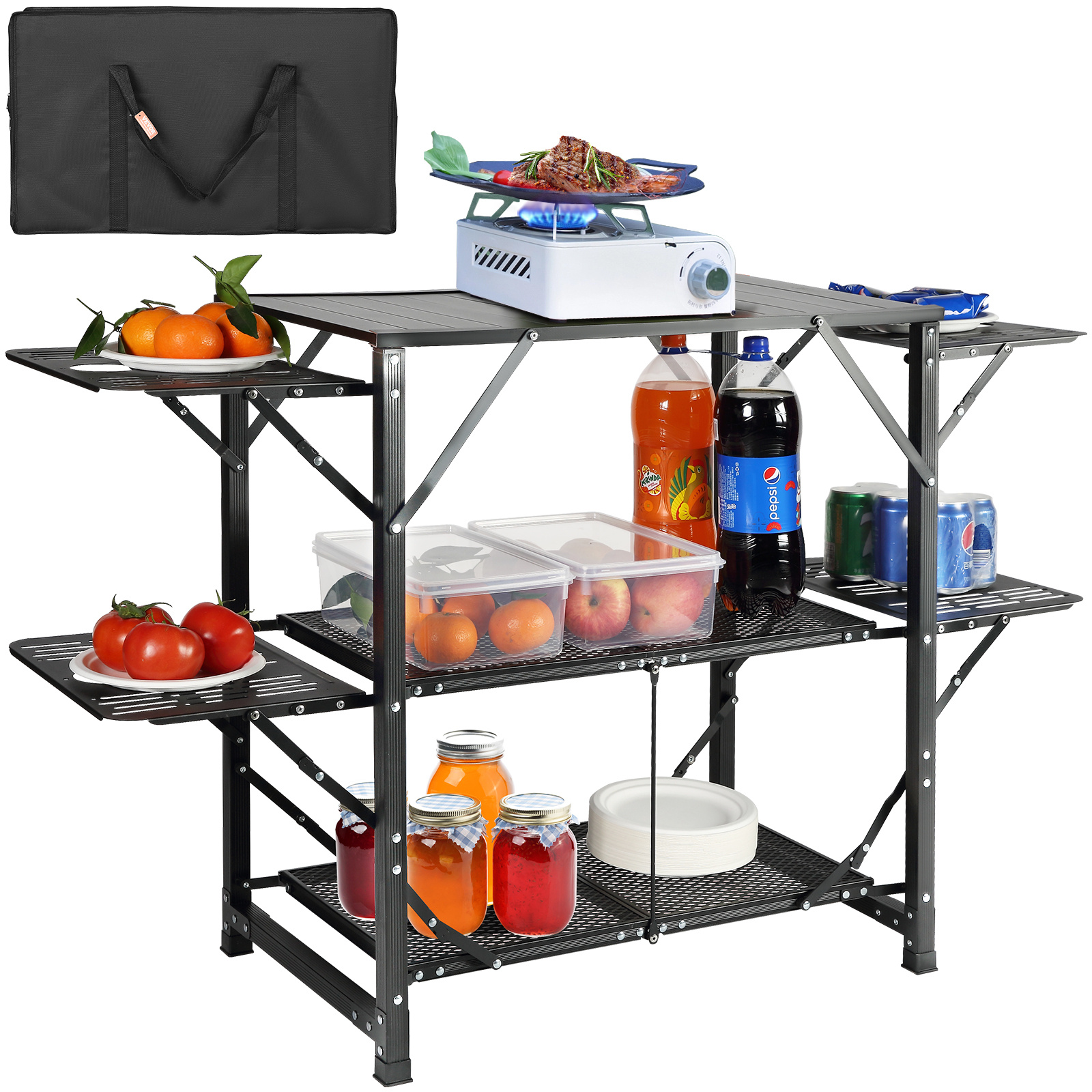 Vevor Camping Kitchen Table, One-piece Folding Portable With A Carrying Bag, Aluminum Camping Table 4 Tables & 2 Shelves, Ideal For Outdoor Picnics, Bbqs, Camping, Rv Traveling