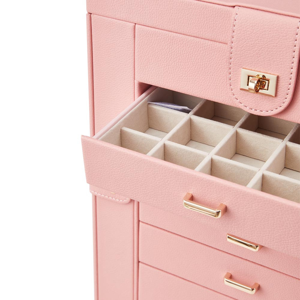 Pink Lockable Jewellery Box for Women with Mirror & Gold Clasp