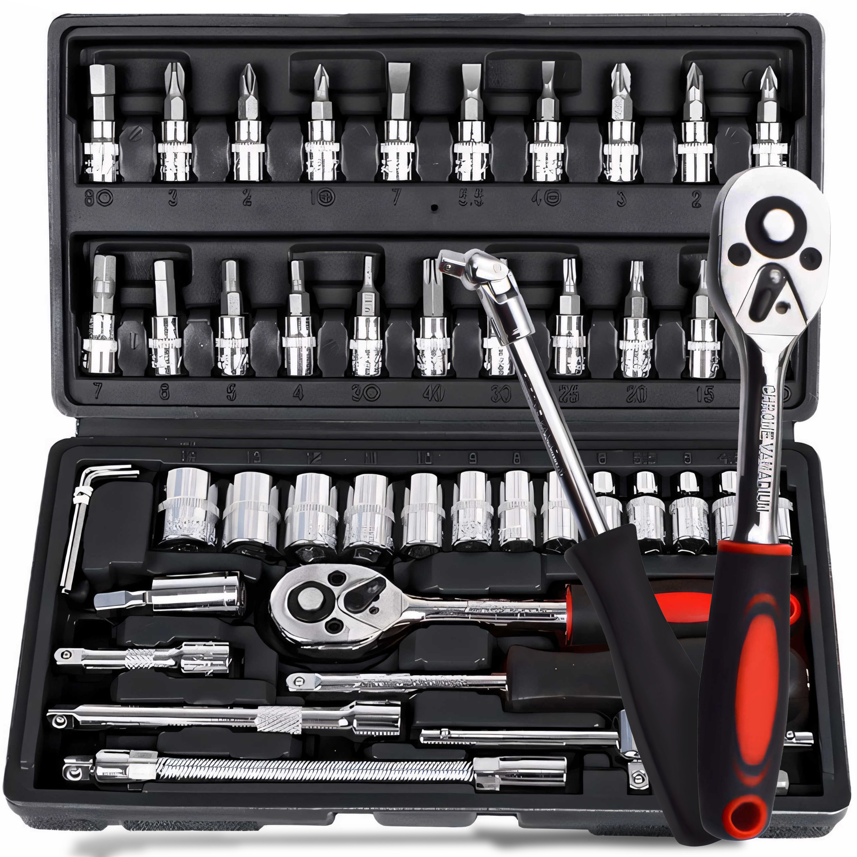 E-shop Steckschlüssel Satz 46-tlg Schraubenschlüssel und Stecknüsse Werkzeugkoffer Steckschlüsselsatz Ratschen Zubehör Schrauber Bit Set Schwarz Retoo