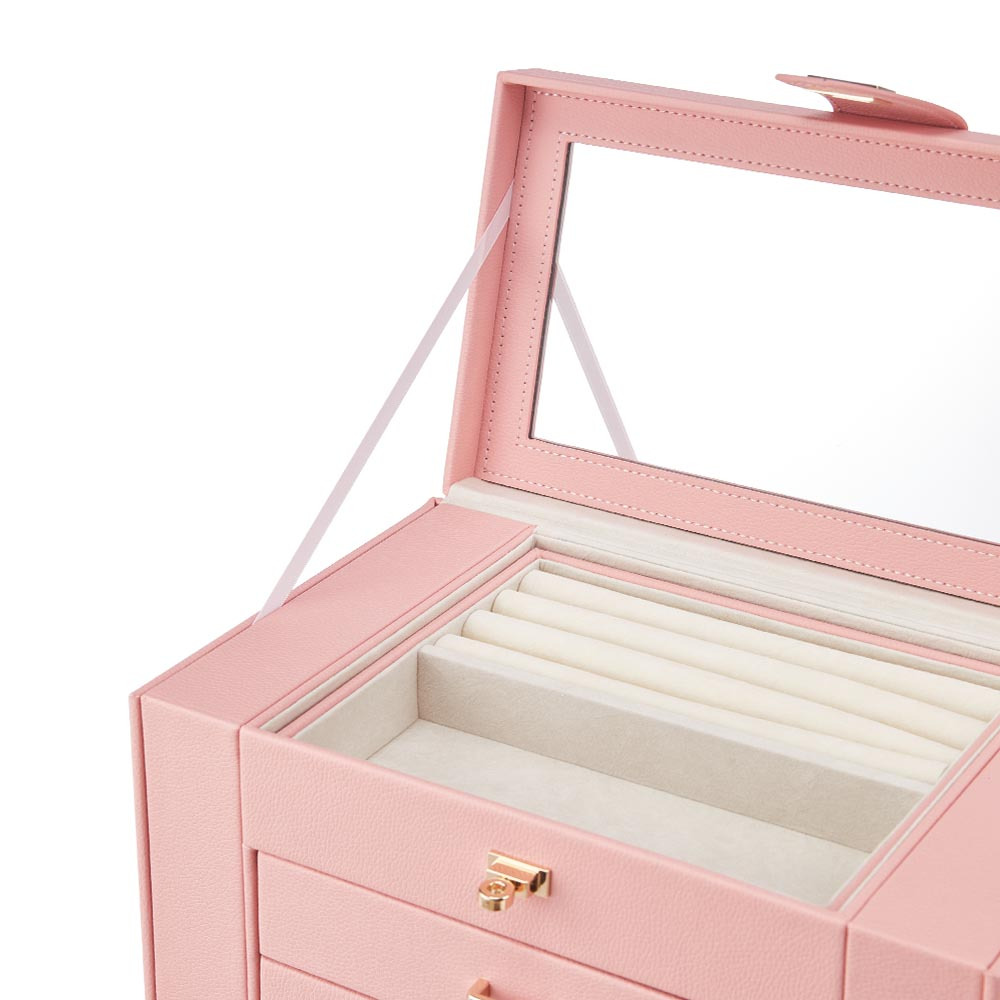 Pink Lockable Jewellery Box for Women with Mirror & Gold Clasp