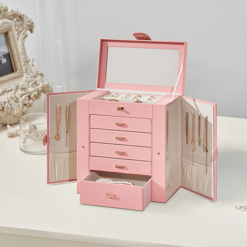 Pink Lockable Jewellery Box for Women with Mirror & Gold Clasp