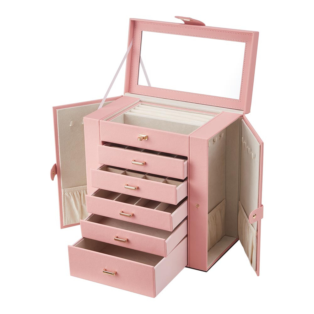 Pink Lockable Jewellery Box for Women with Mirror & Gold Clasp