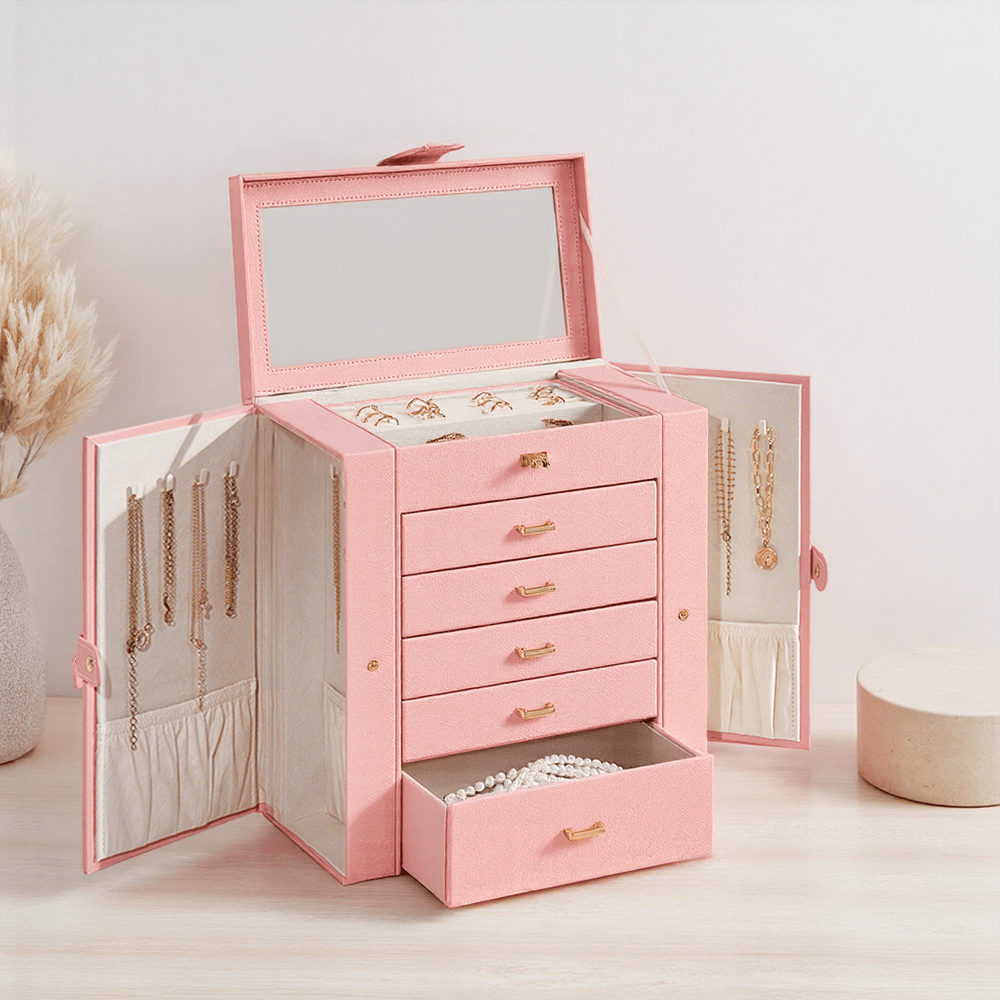 Pink Lockable Jewellery Box for Women with Mirror & Gold Clasp