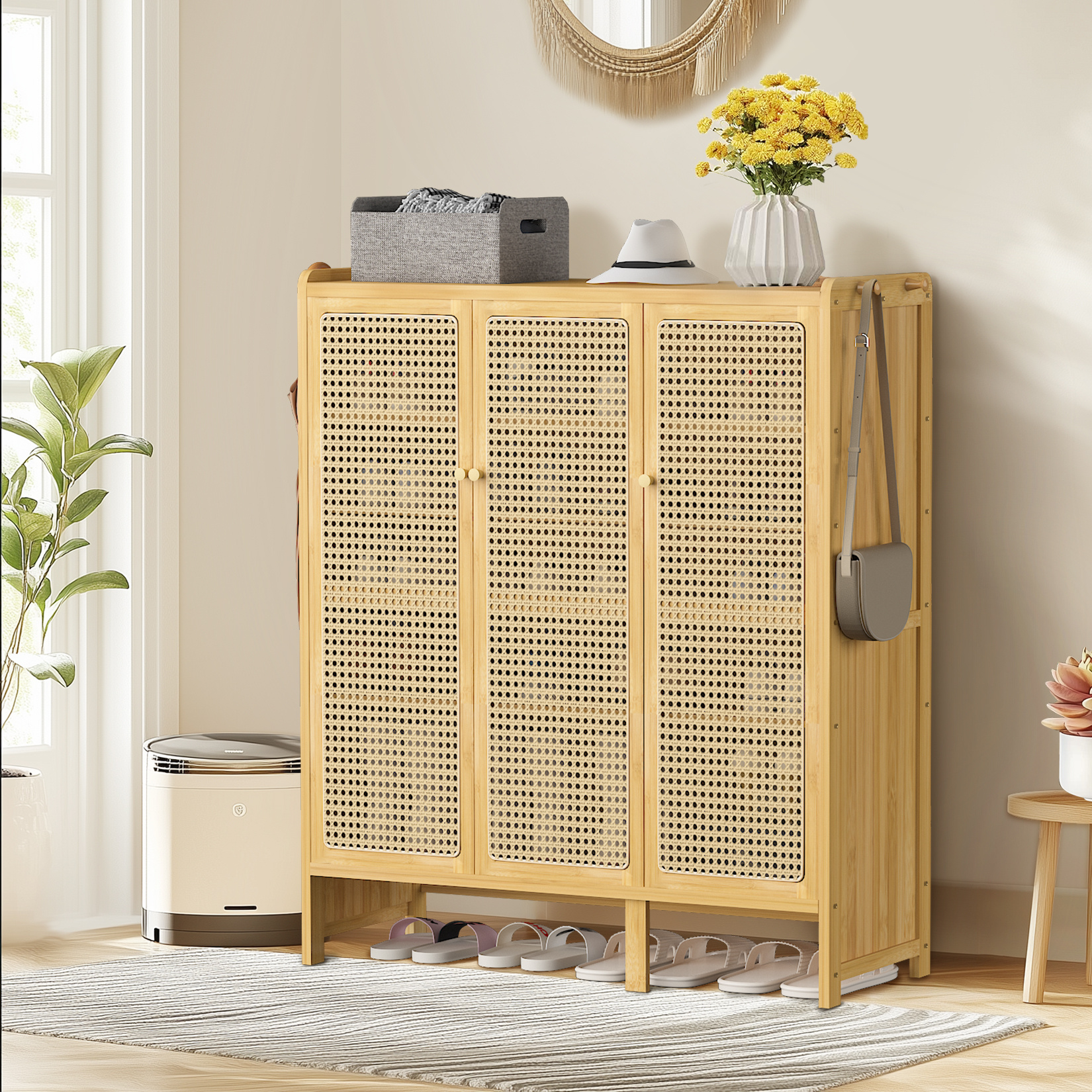 Image of 1pc Large Capacity Entryway Storage Cabinet With Shoe Rack, Contemporary Wooden Shoe Storage Organizer For Home, Includes Multiple Shelves And , Ideal For Storing Shoes, Bags, And Accessories