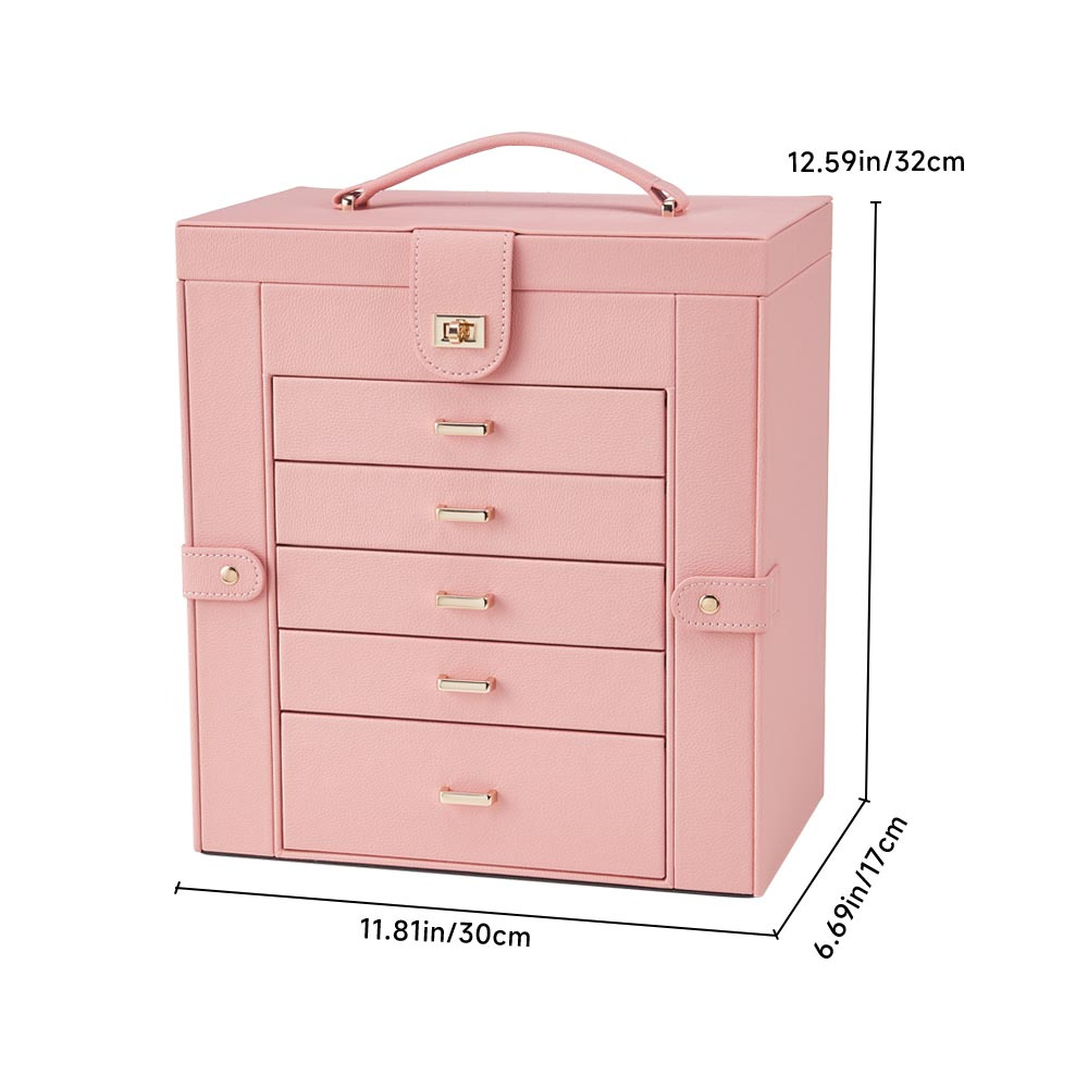 Pink Lockable Jewellery Box for Women with Mirror & Gold Clasp