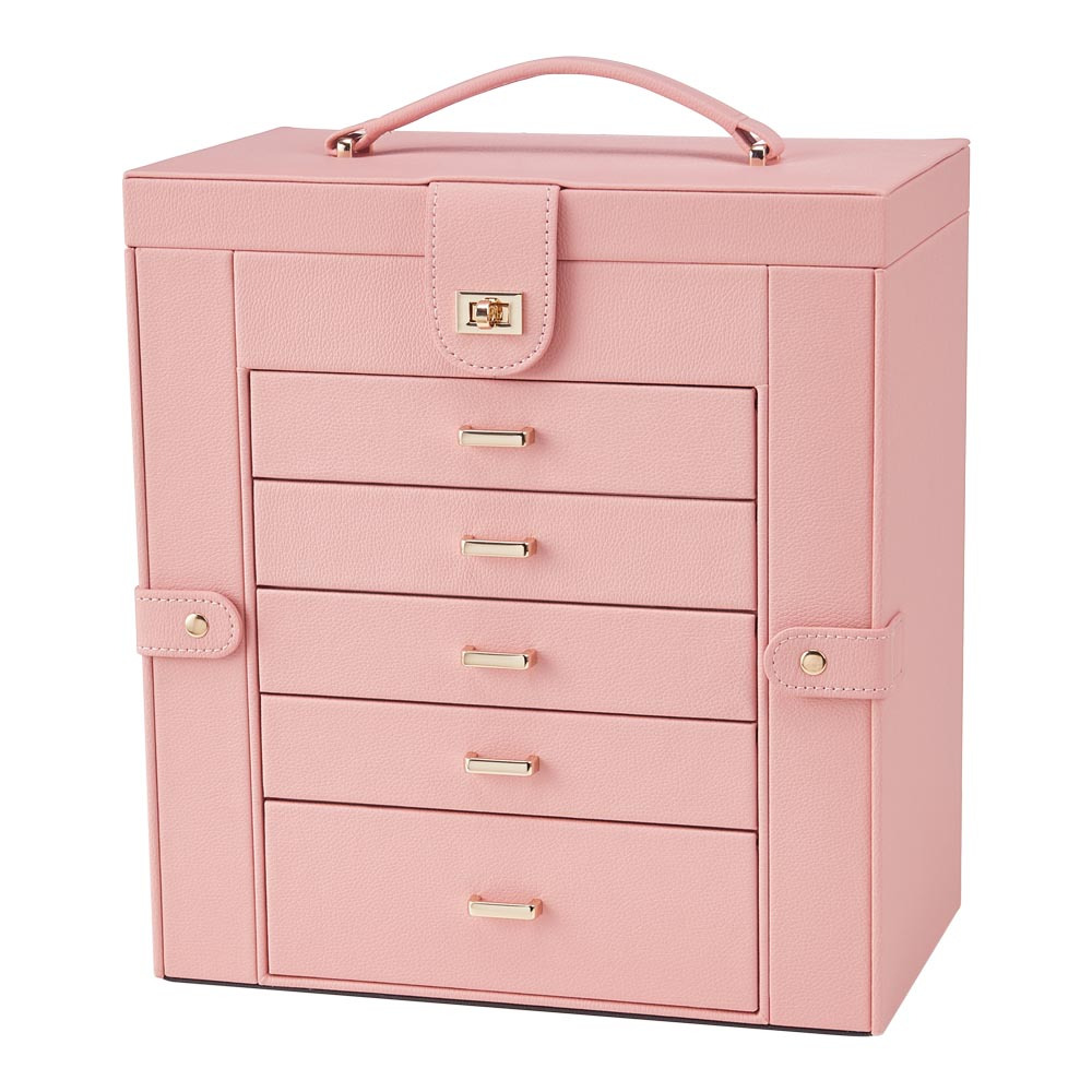 Pink Lockable Jewellery Box for Women with Mirror & Gold Clasp