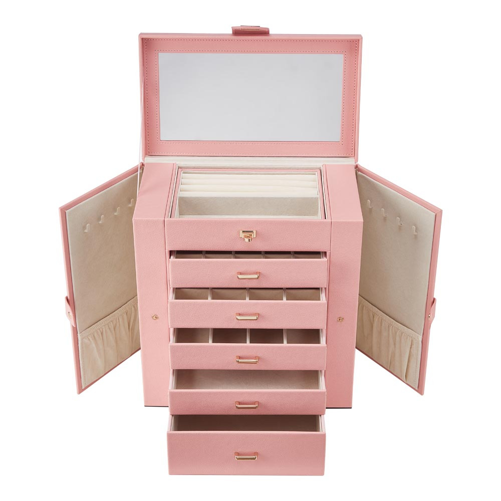 Pink Lockable Jewellery Box for Women with Mirror & Gold Clasp