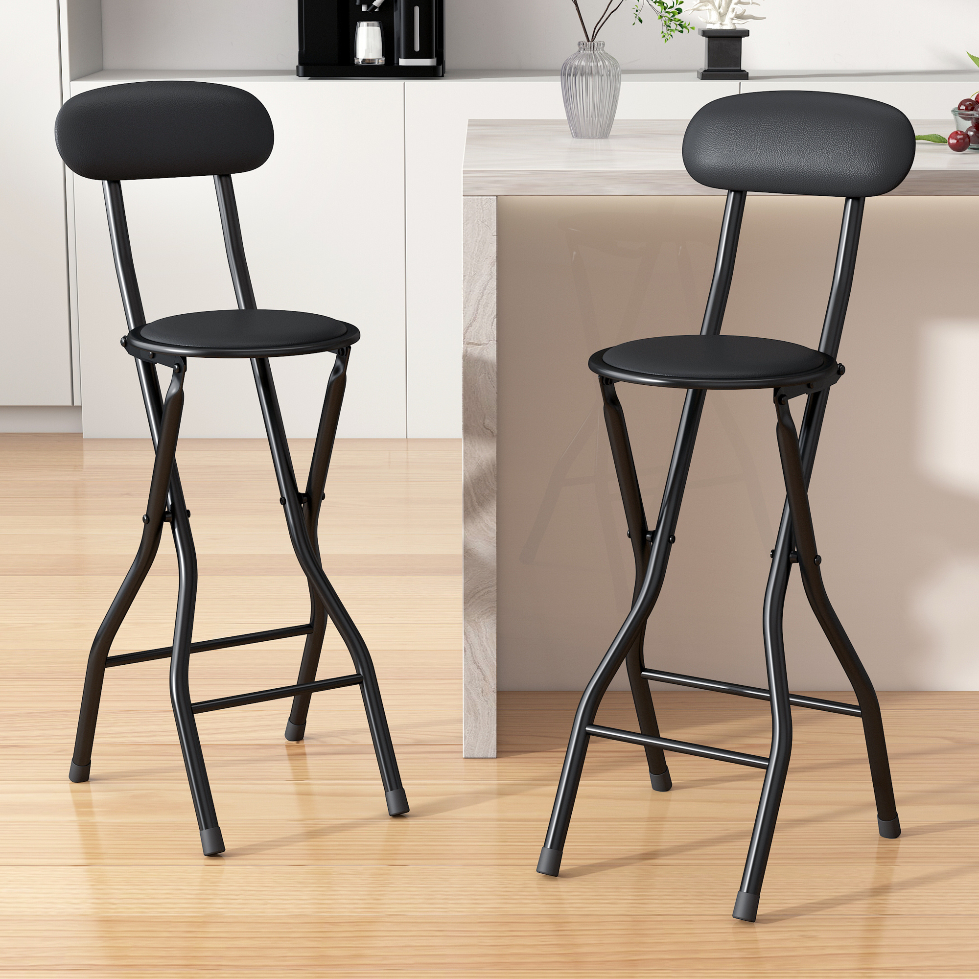 TEMU Set Of 2 Folding Bar Stools, Breakfast Kitchen , Faux Leather Foldable Chairs With Metal Frame, Padded High Chairs