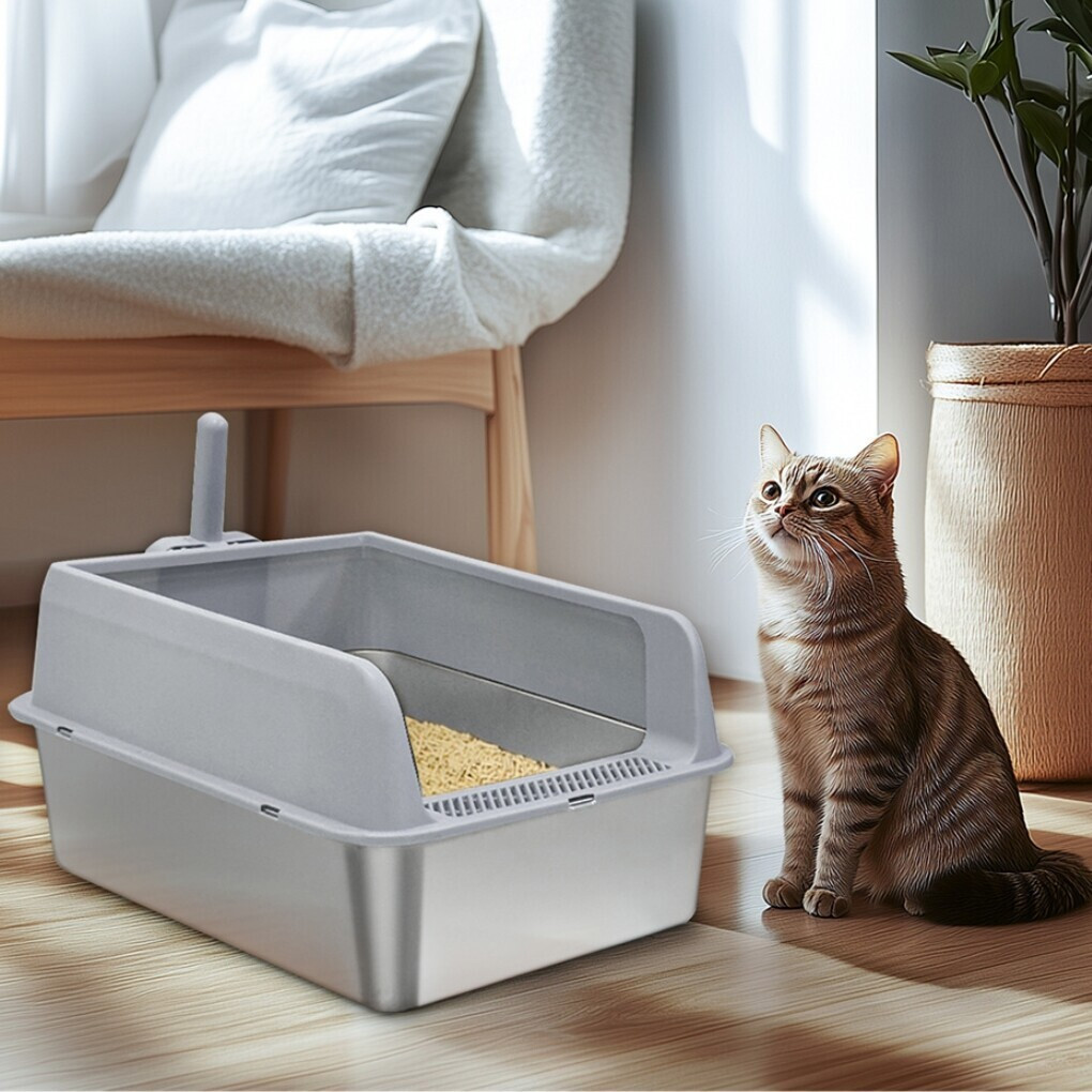 E-shop Kattelitterbox aus Edelstahl mit Schaufel, leicht zu reinigendem, geruchshemmendem, offenen Kattelitterbecken