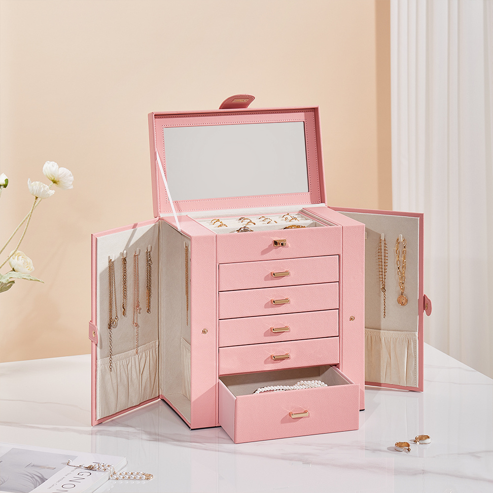 Pink Lockable Jewellery Box for Women with Mirror & Gold Clasp