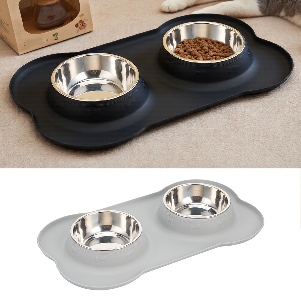 Pets Bowl Food And Drink Double Bowls Set With Silicone Mat Tray For Cats Puppies Small Dogs Feeding, 2 Colours 2 Sizes Available