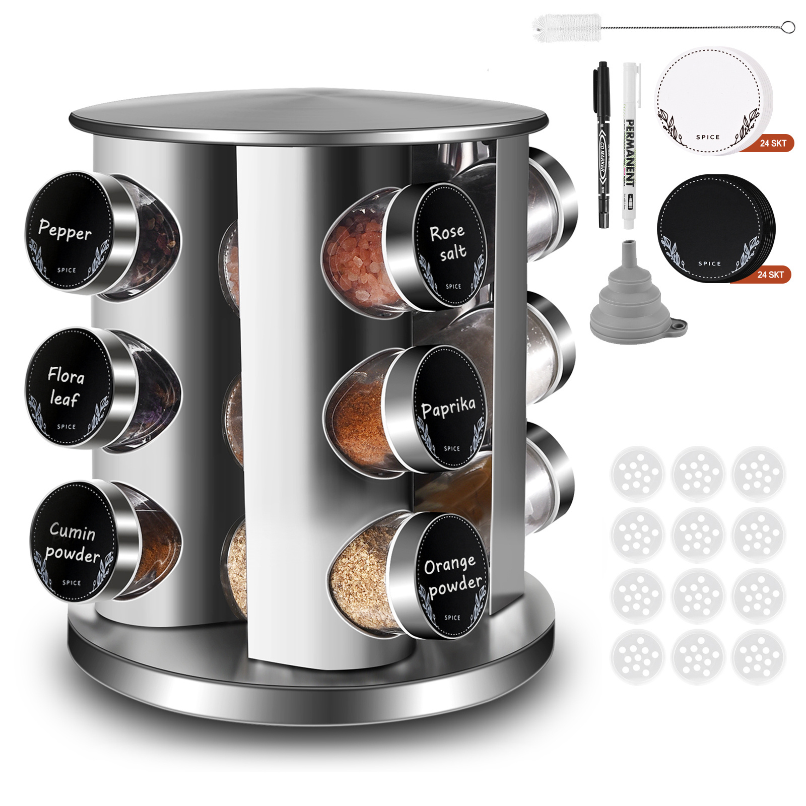 TEMU Round Spice Rack With Spice Cans, 360° Rotatable Spice Carousel Made Of Stainless Steel, Spice Organizer, Vertical Spice Rack, Spice Cans With
