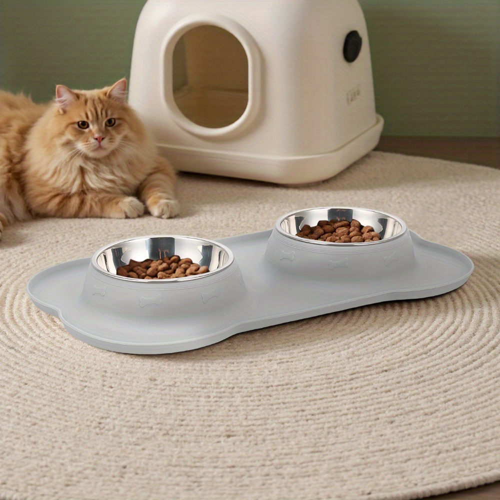 Double Dog Bowl Pet Bowls, Stainless Steel Double Bowls Set with Non-Spill Silicone Mats Tray for Dogs Cats Puppies Water Food Feeding, 2 Colours 2 Sizes Available