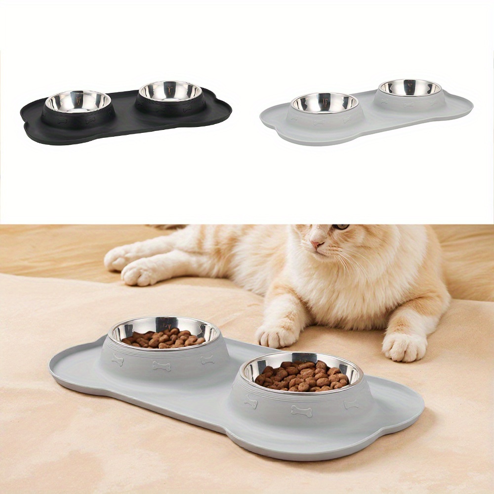 Pets Bowl Food And Drink Double Bowls Set With Silicone Mat Tray For Cats Puppies Small Dogs Feeding, 2 Colours 2 Sizes Available