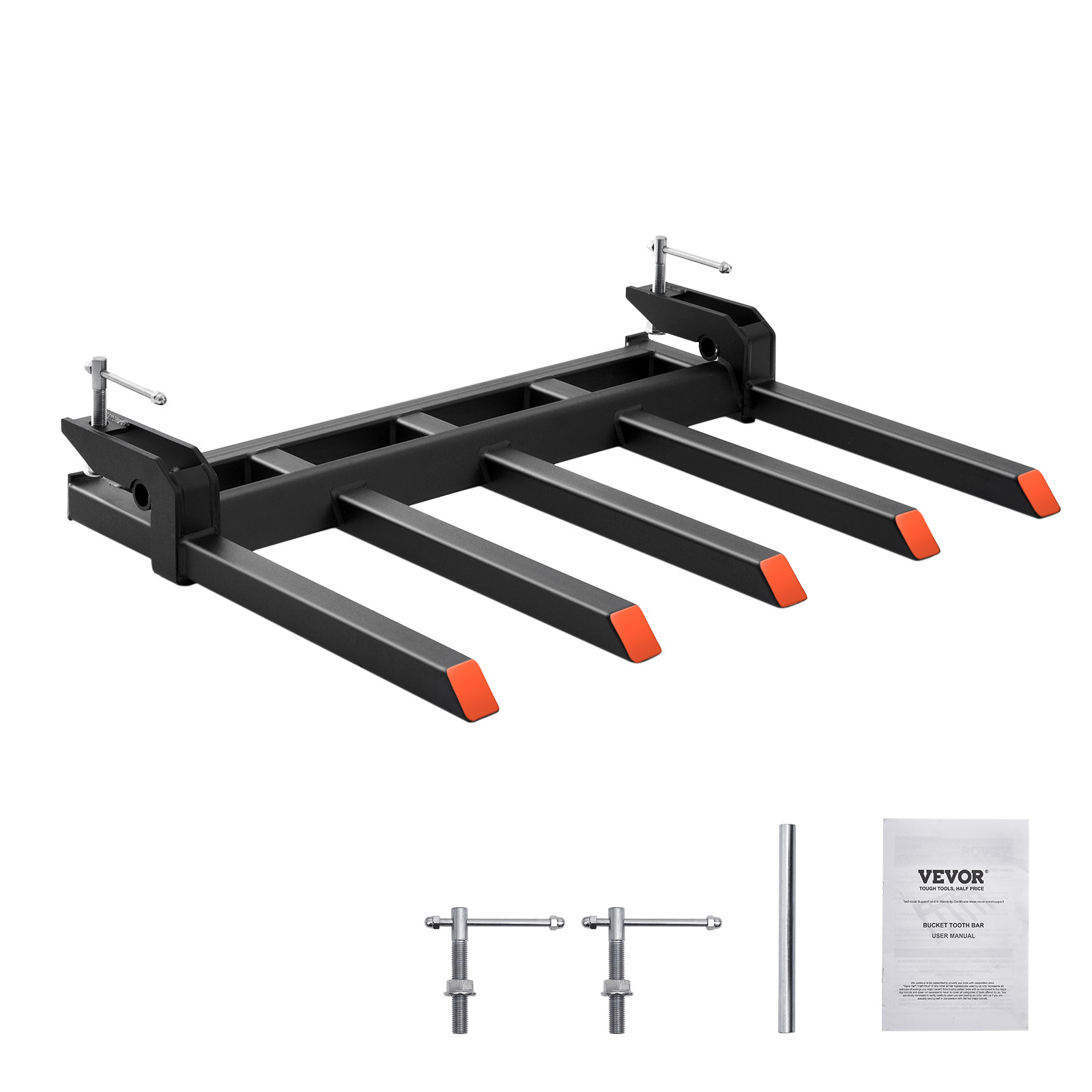 Vevor Clamp On Forks To 48" Bucket, 2600 Lbs Capacity Heavy Duty Clamp On Pallet Forks Bucket Attachments, Fit For Loader Bucket Skidsteer Tractor To Clean Up Fallen Limbs Or Yard Wwaste