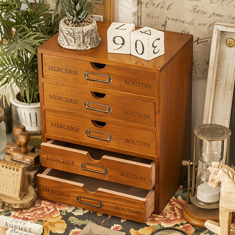 TEMU Vintage Wooden Storage Drawer, Desktop Organizer Box, 5-tier Drawer Cabinet, Large Capacity Jewelry Storage Box, Multifunctional Makeup