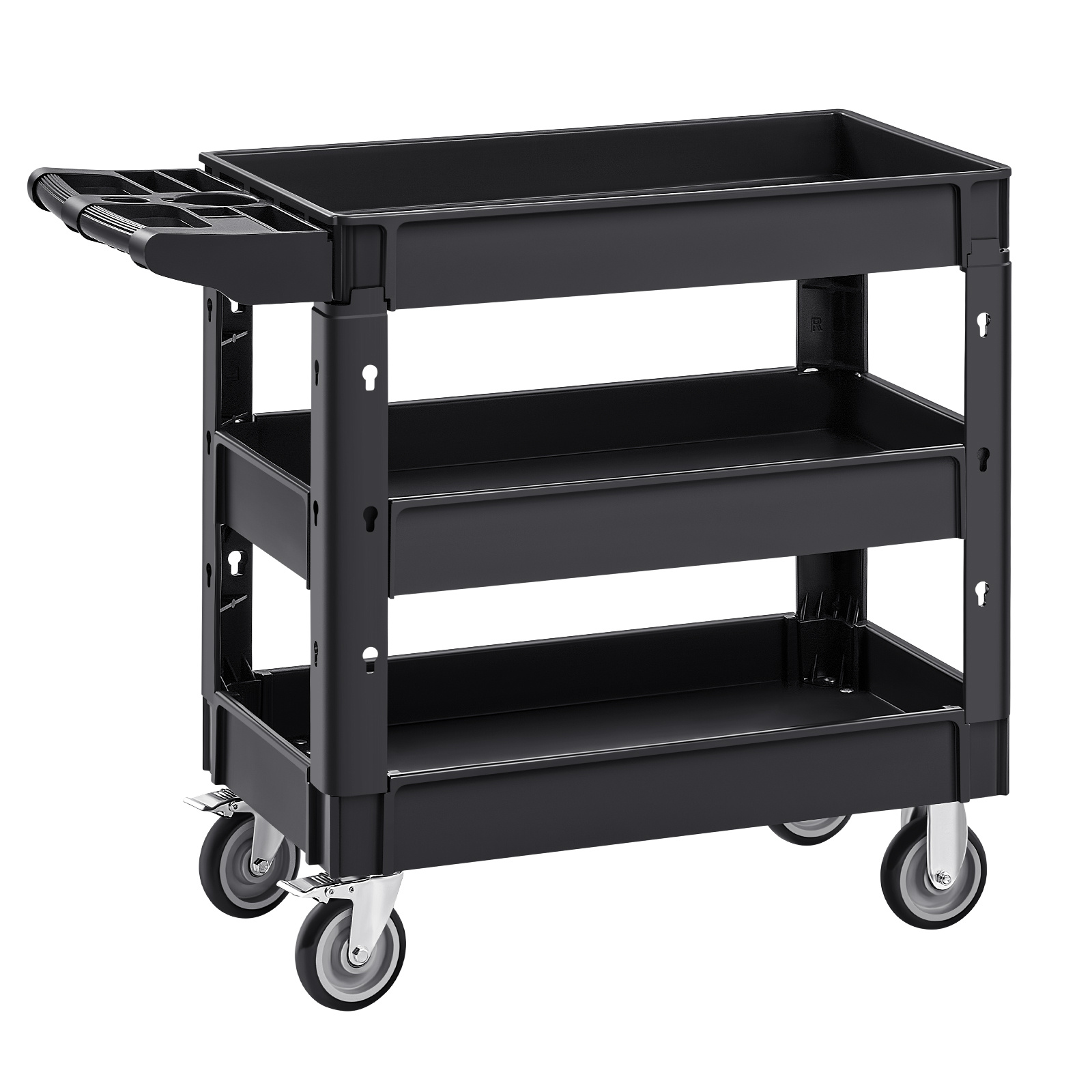 Image of Utility Service Cart, 3 Shelf 550lbs Heavy Duty Plastic Rolling Utility Cart With 360° Swivel Wheels (2 With Brakes), Medium Lipped Shelf, Ergonomic Storage Handle For Warehouse/garage/cleaning