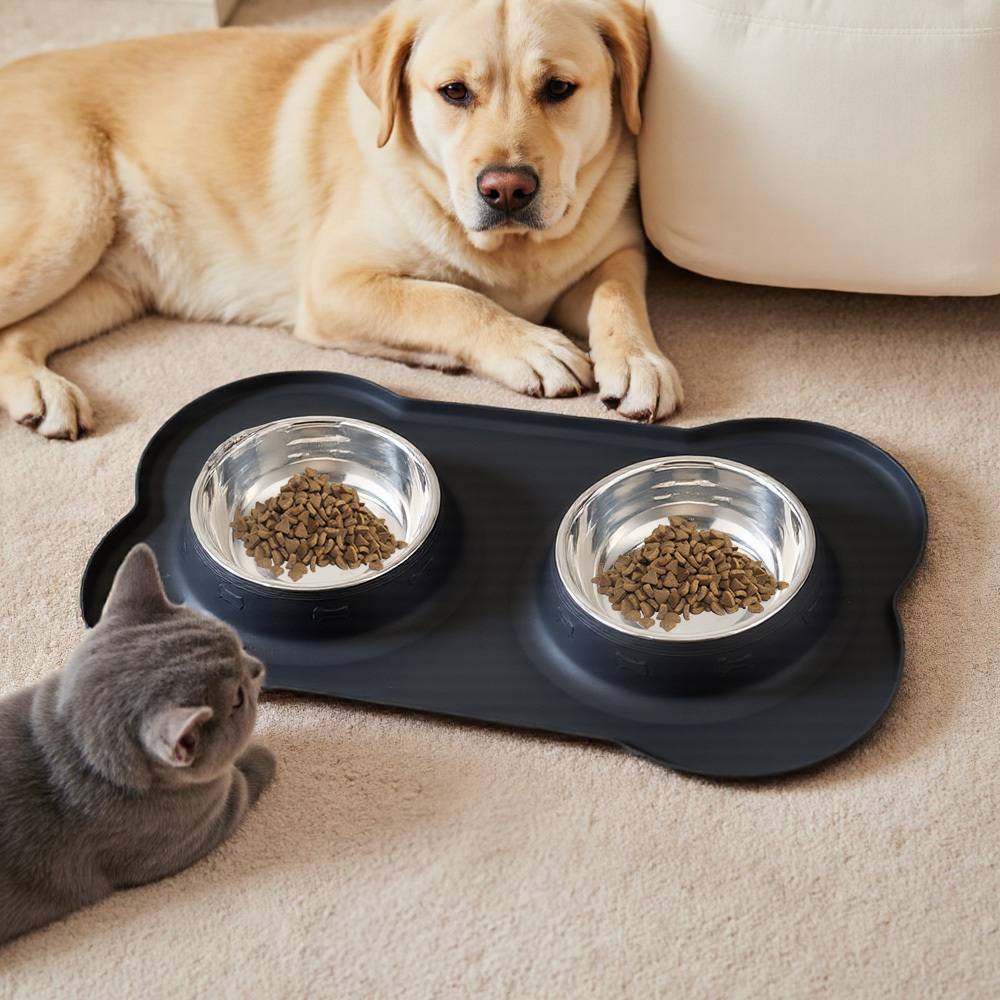 Double Dog Bowl Pet Bowls, Stainless Steel Double Bowls Set with Non-Spill Silicone Mats Tray for Dogs Cats Puppies Water Food Feeding, 2 Colours 2 Sizes Available