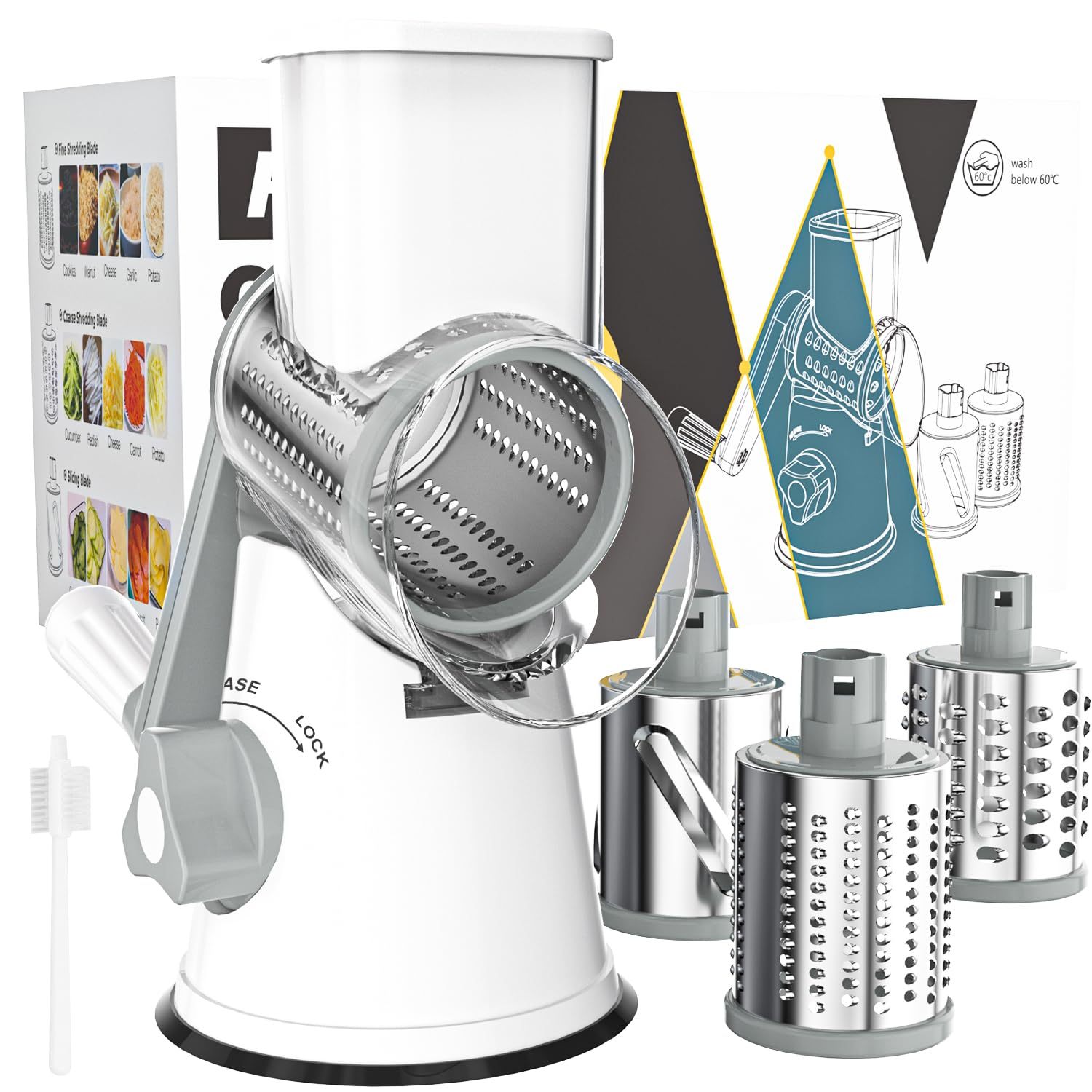 TEMU 3-in-1 Rotary Cheese Grater, Rotary Cheese Grater With Handle Vegetable Cheese Slicer Grater For Kitchen 3 Interchangeable Blades For Cheese