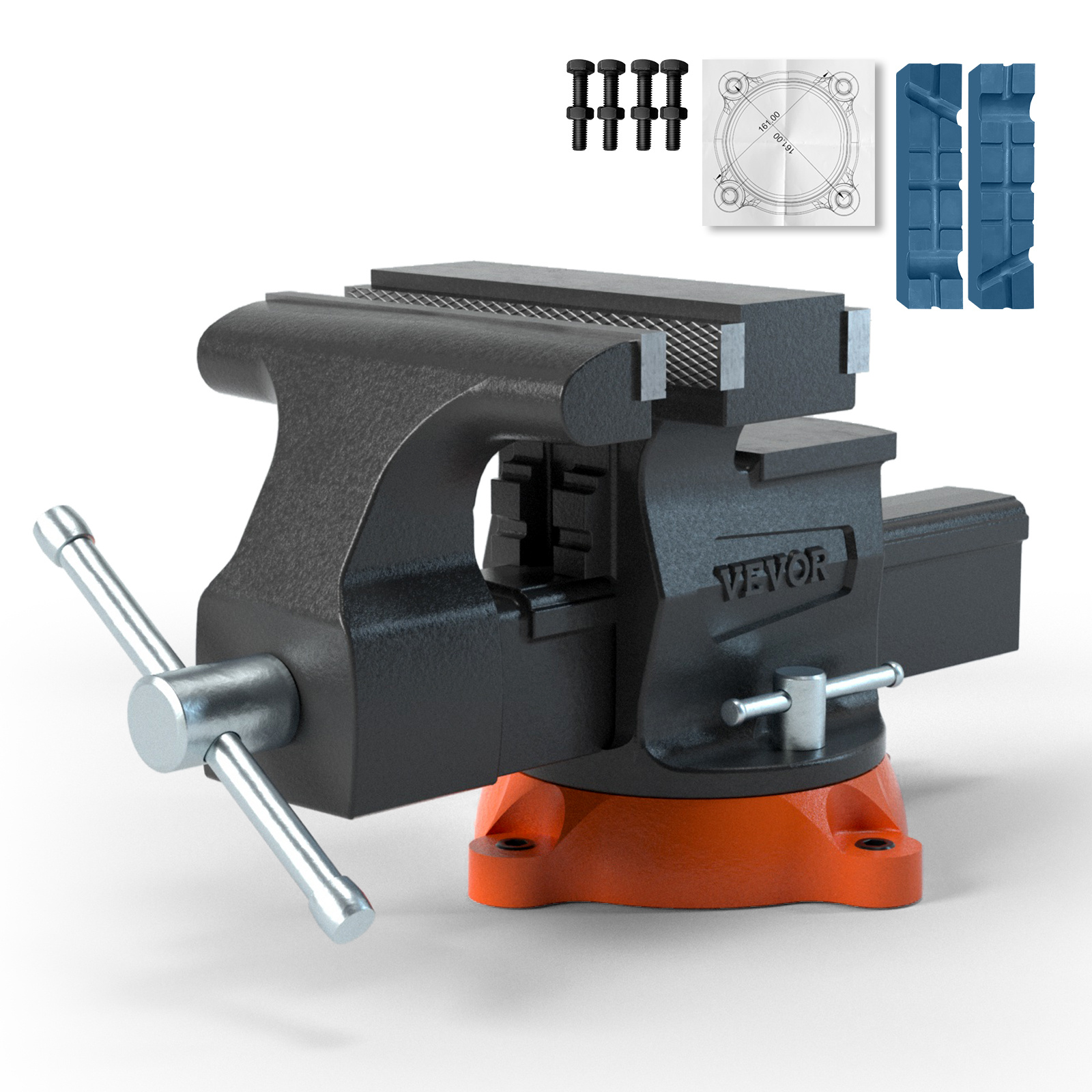 Image of Vevor Bench Vise, 6.5" Jaw Width 6.5" &9.3" Reverse Opening, 360-degree Swivel Locking Base Multipurpose Workbench With Anvil, Heavy Duty Iron With Bolts & Nuts, For Drilling, Pipe Cut