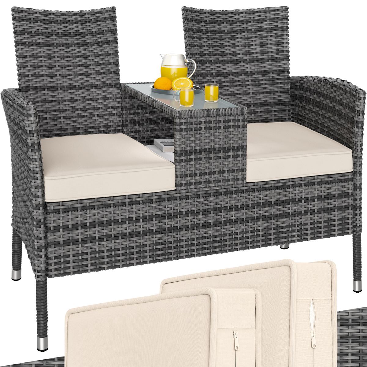 Casaria® Garden Bench With Cushions Weather-resistant Poly Rattan 320kg Loadable Table Storage Uv-resistant Garden 2-seater 145x58cm