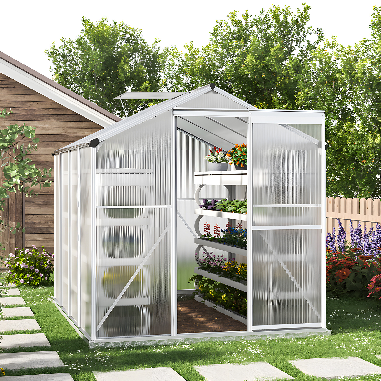 1 set walk in aluminium greenhouse   6x4 ft with base roof vent large polycarbonate   featuring smooth sliding door   design 0
