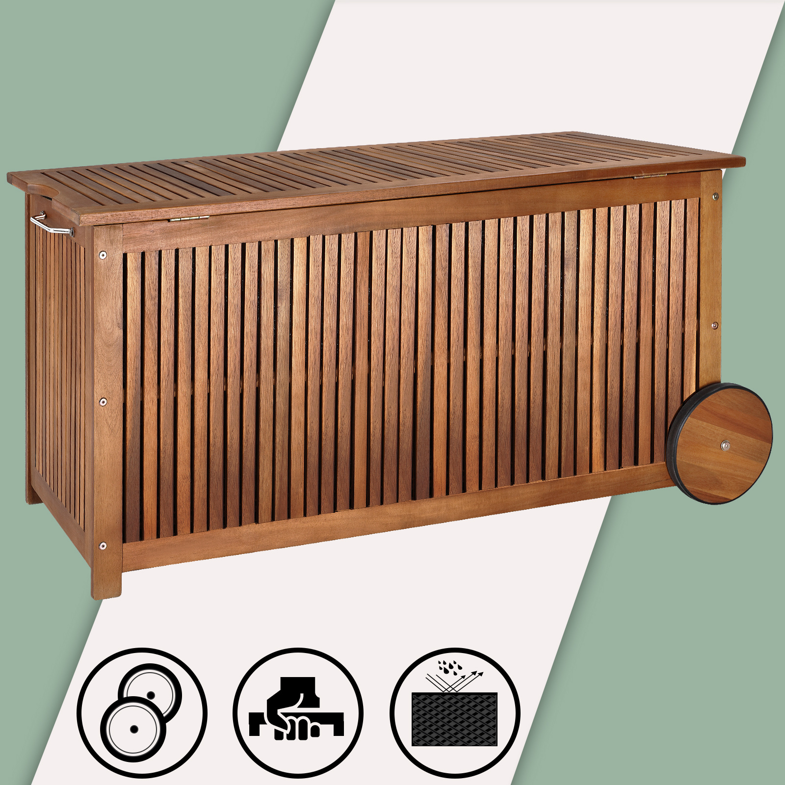 Casaria® Wooden Garden Box With Wheels, 350l Capacity, 160kg Load, Inner Tray, Drainage Edge, Weatherproof Acacia Storage Box, 117x52cm