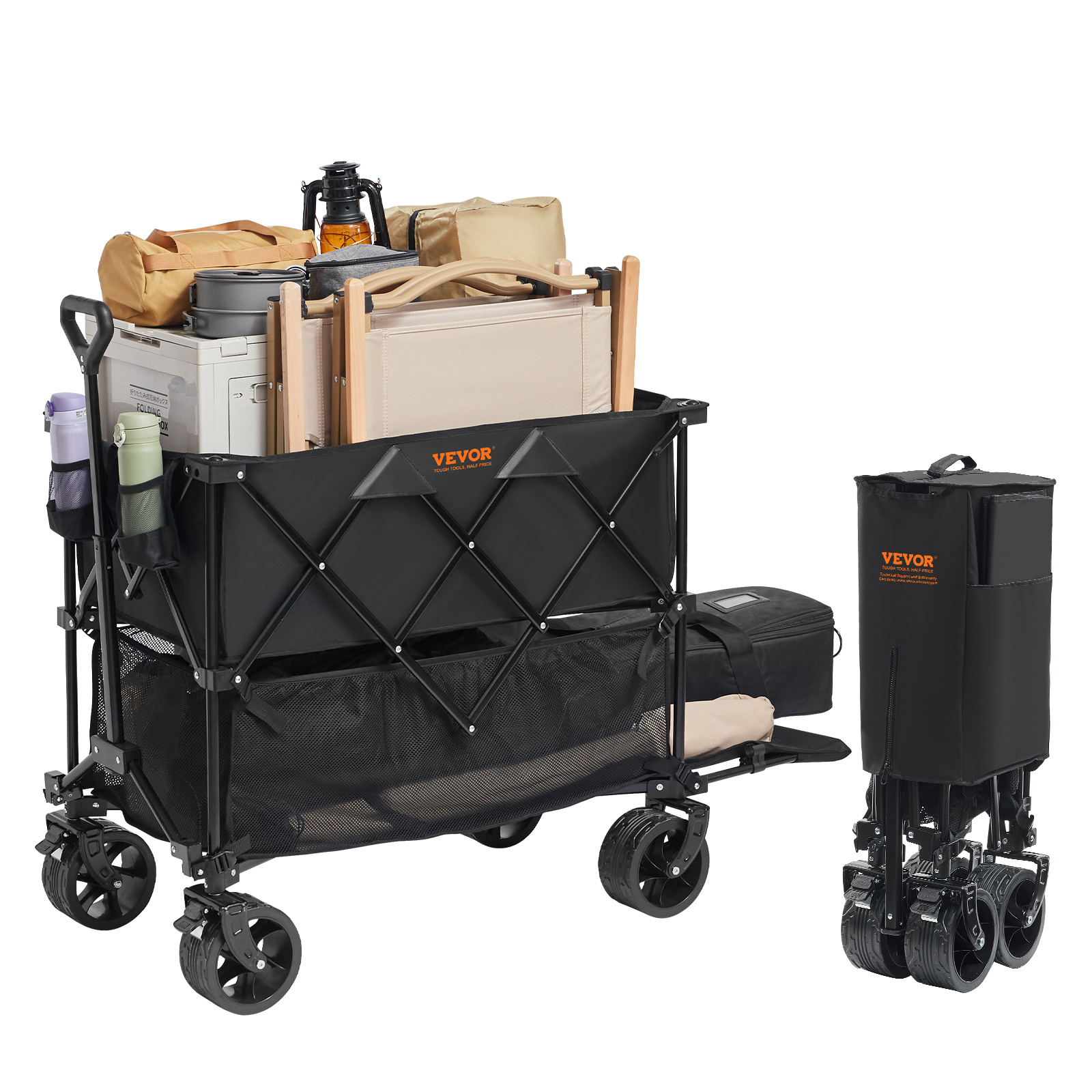 Image of Vevor Foldable Double Decker Wagon, 400l Collapsible Wagon Cart With Wheels, Heavy Duty Folding Wagon Cart 350-450 Lb Weight Capacity For Camping, Shopping, Garden, 52" Extra Long Extender