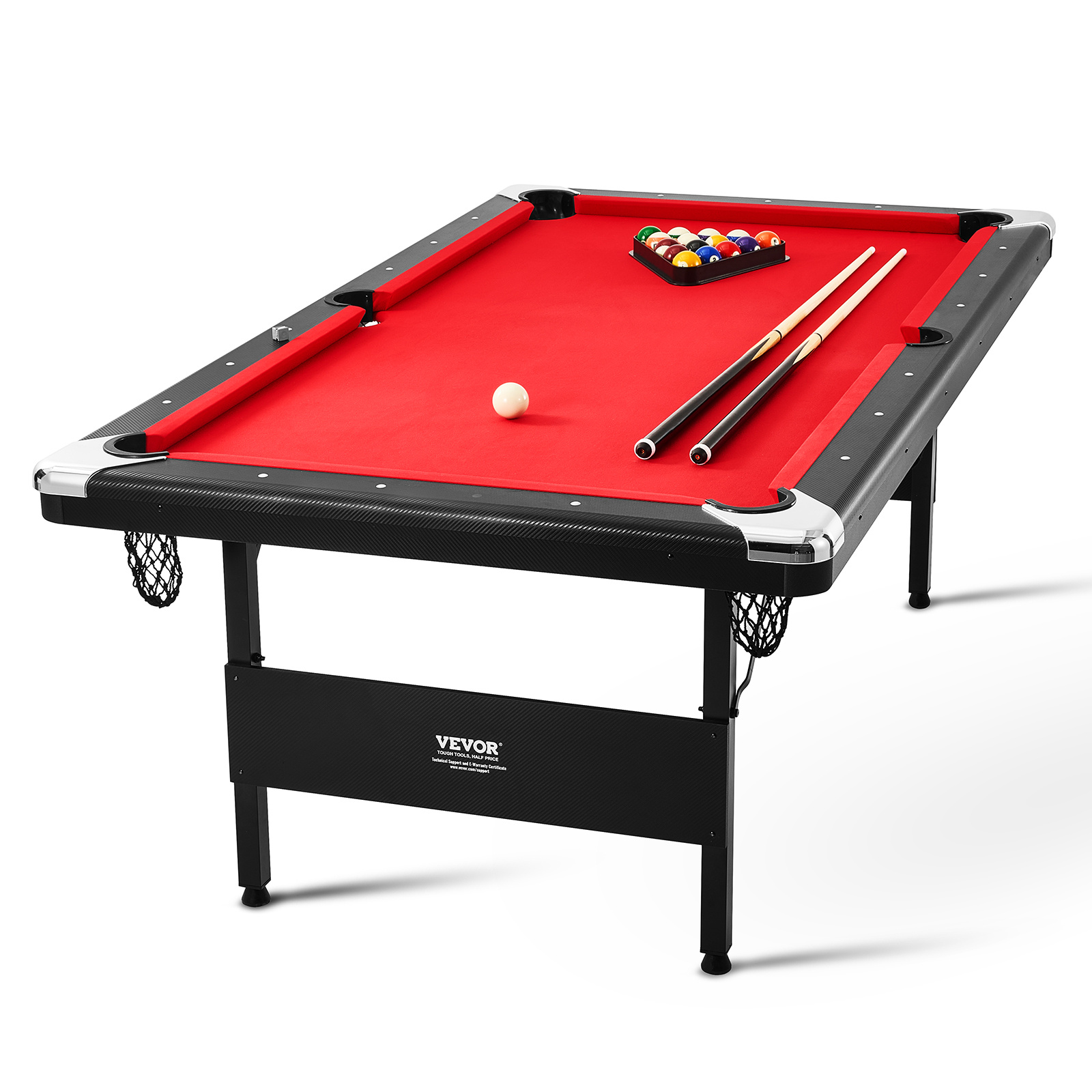 Vevor Billiards Table, 7 Ft Pool Table, Portable Foldable Space- Table, Billiard Table Set Includes Balls, Cues, Chalks And Brush, Black With Red Cloth, Perfect For Family Game Room