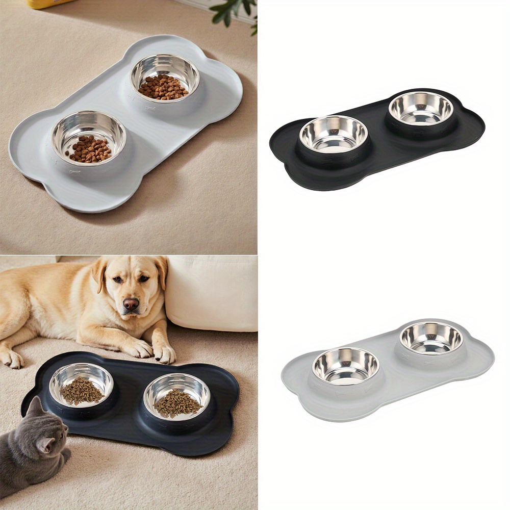 Double Dog Bowl Pet Bowls, Stainless Steel Double Bowls Set with Non-Spill Silicone Mats Tray for Dogs Cats Puppies Water Food Feeding, 2 Colours 2 Sizes Available