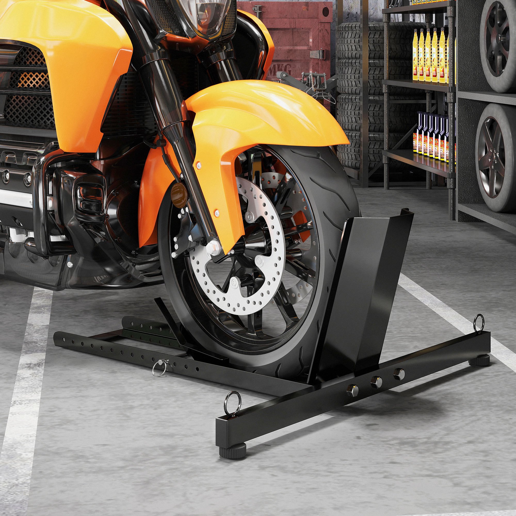Image of Homcom Motorcycle Wheel Chock Stand With 14-level Adjustable Bracket, 816.5 Kg Capacity, Locks Motorcycle And Scooter Wheels Ø34-84 Cm, Reinforced Steel, Black