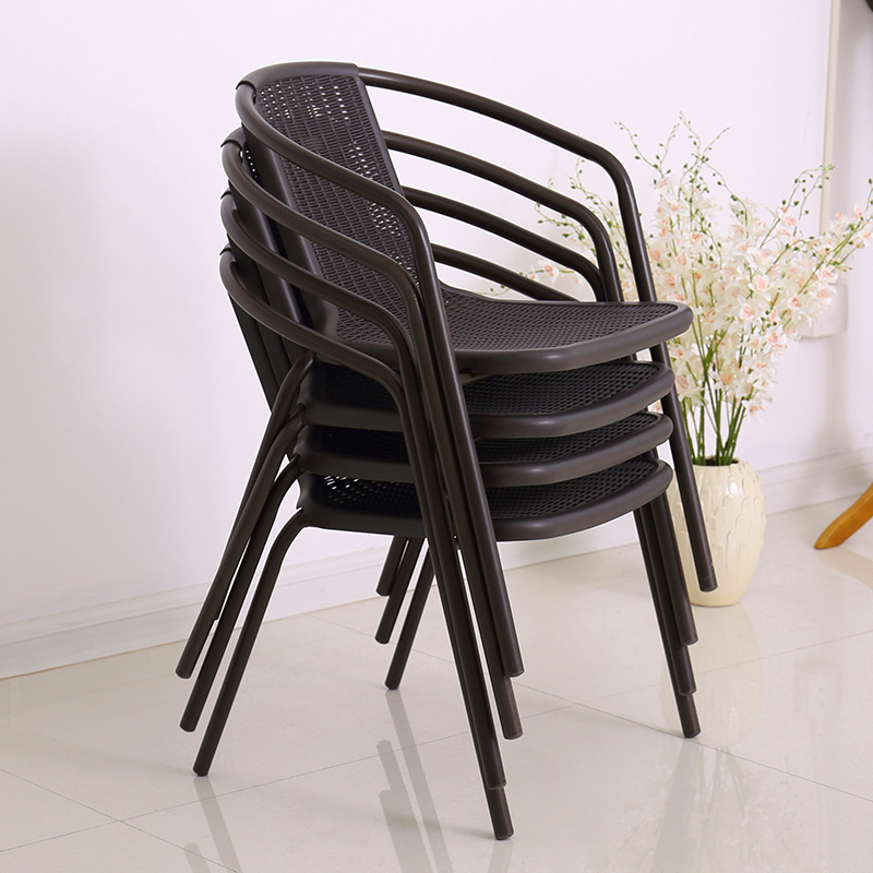 4pcs stacked chairs with brown plastic rope cushions durable rope seats and backrests suitable for gardens picnics and camping