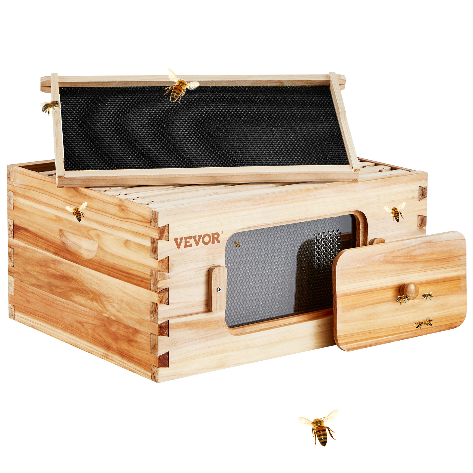 Vevor Bee Hive Deep Box Starter Kit, 100% Beeswax Coated Natural Cedar Wood, Beehive Kit With 10 Frames And Foundations, Transparent Acrylic Bee Windows For Beginners And Pro Beekeepers