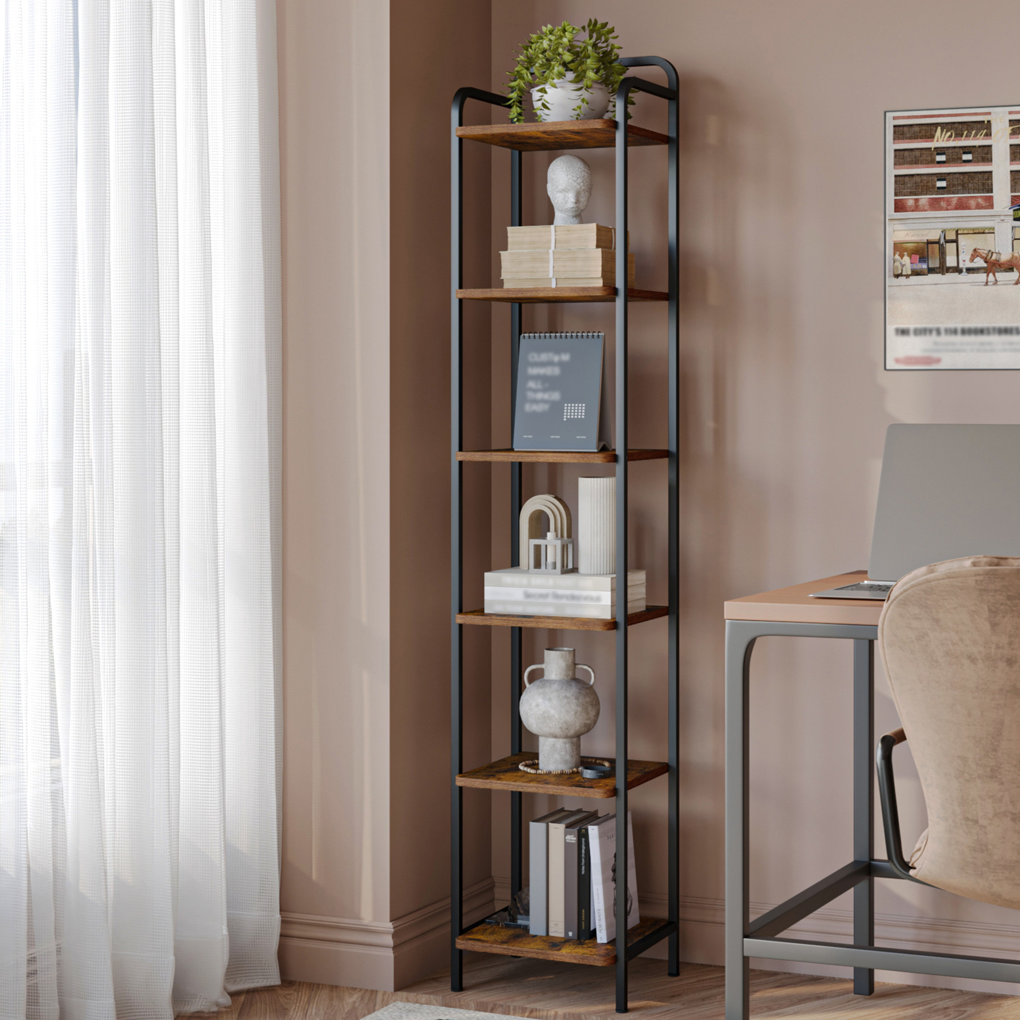 TEMU Scaffale a 6 Ripiani, , Scaffale Stretto per Libri, Mensola D' Industriale, Mensola per Ufficio, Soggiorno, Camera da Letto, Cucina, Marrone