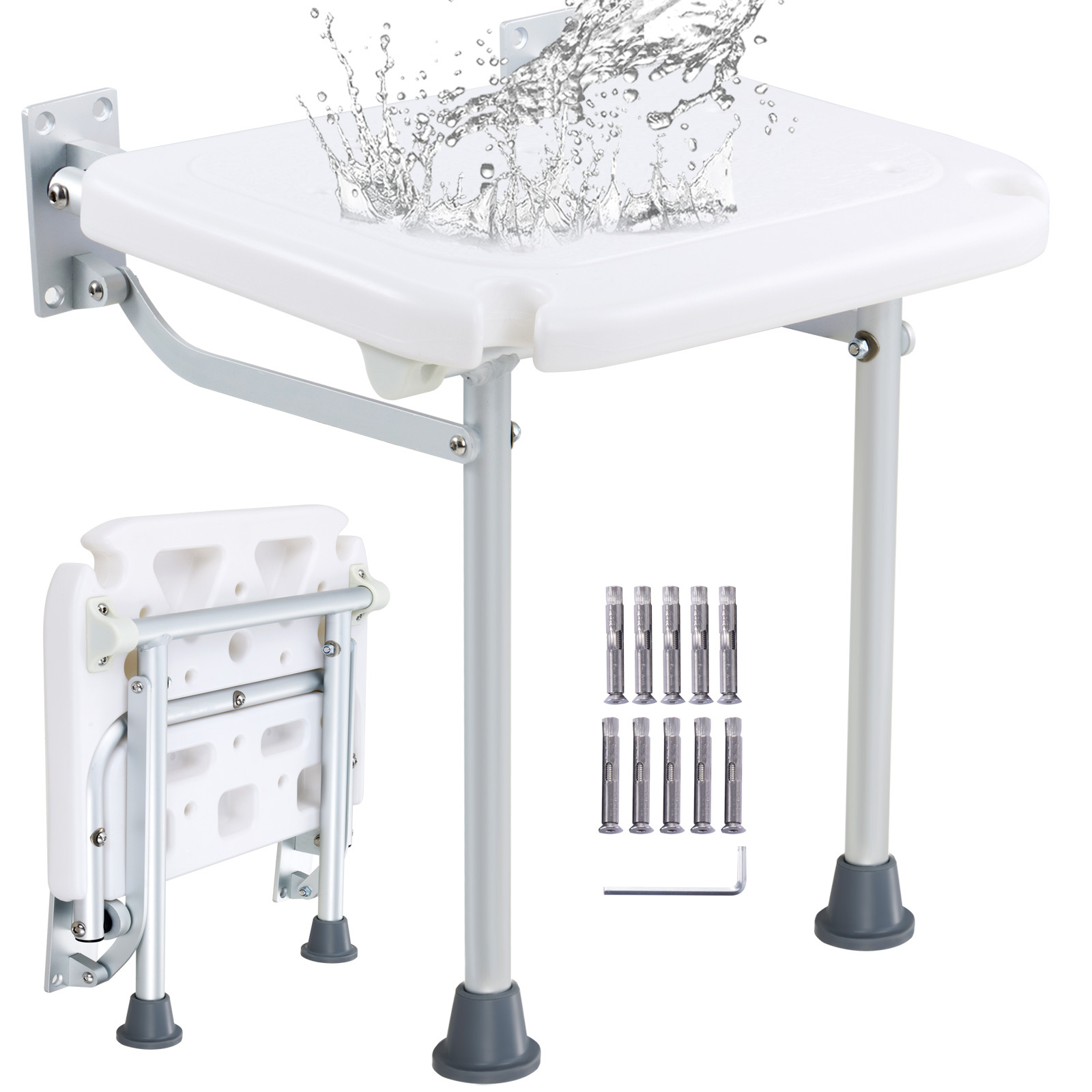 TEMU Siège de douche pliable en PE VEVOR, 15,7'' x 14,8'' déplié, banc de douche pliable mural avec de charge de 500 lbs, chaise de douche pliable