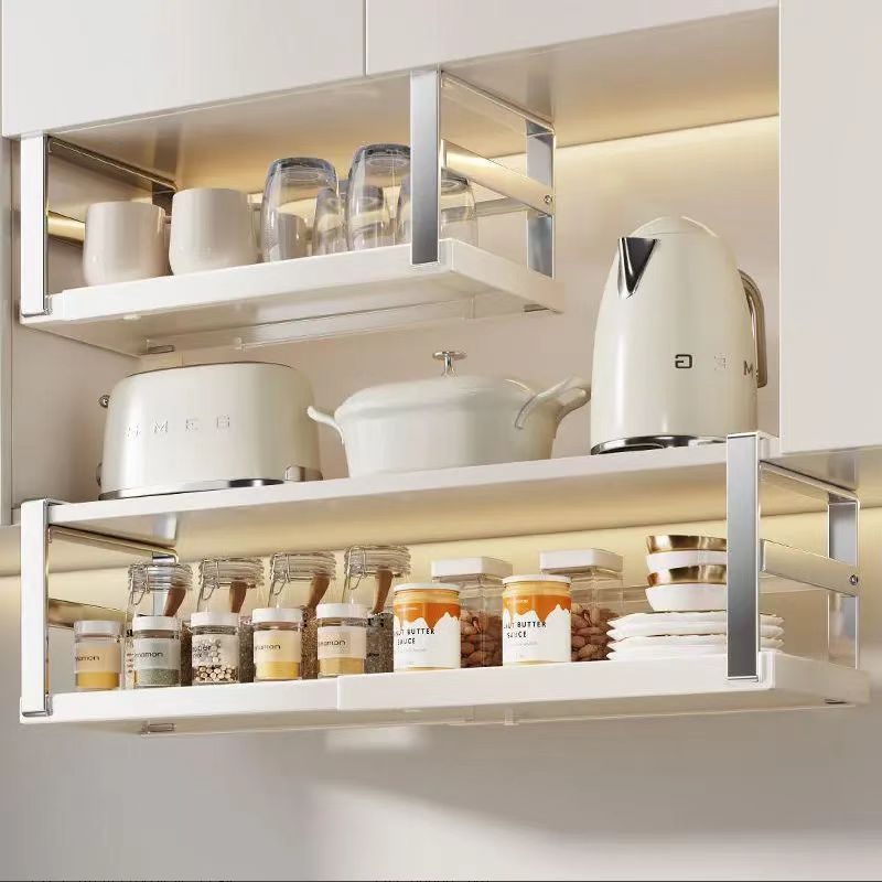TEMU Extendable Hanging Spice Rack, 45.5 - 62.5 Cm, Stainless Steel Metal, 45.5-62.5 X 22 X 16.5 Cm, White With Silvery Finish
